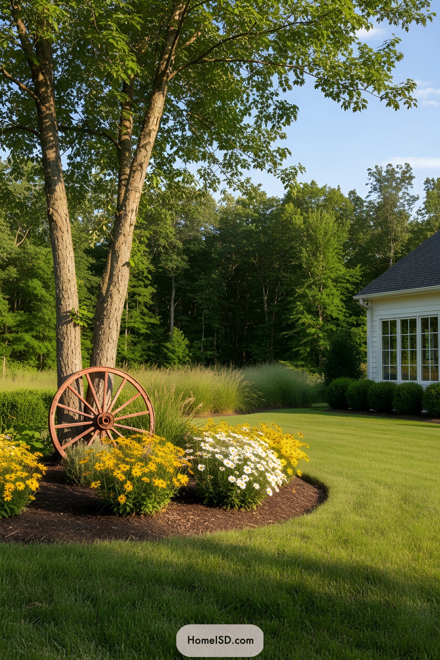 Old wagon wheel leaning against twin trees beside a curved flower bed of yellow and white blooms