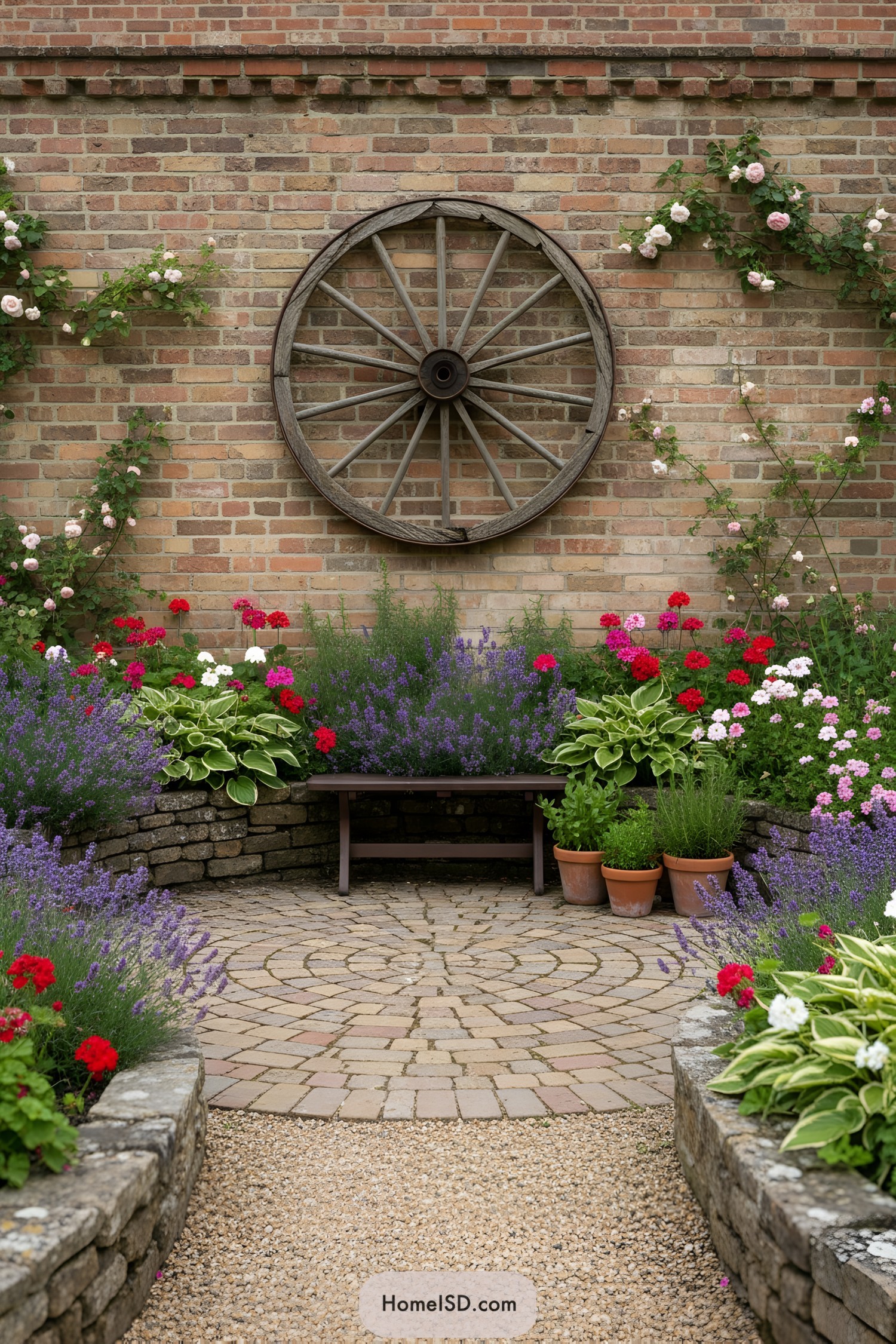 Wagon wheel mounted on brick wall above colorful courtyard flower beds and bench