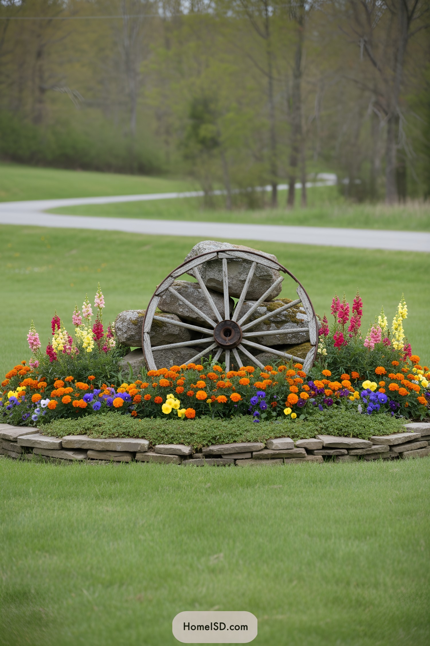 Old wagon wheel leaning on stacked rocks surrounded by colorful flowers in a circular stone bed