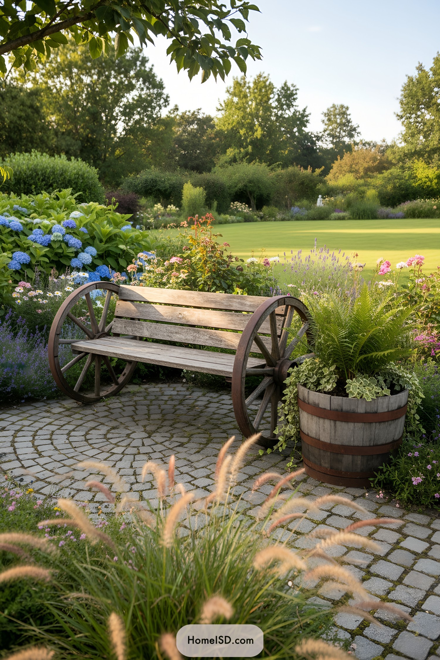 Rustic wagon wheel garden bench on cobblestone patio with flowers
