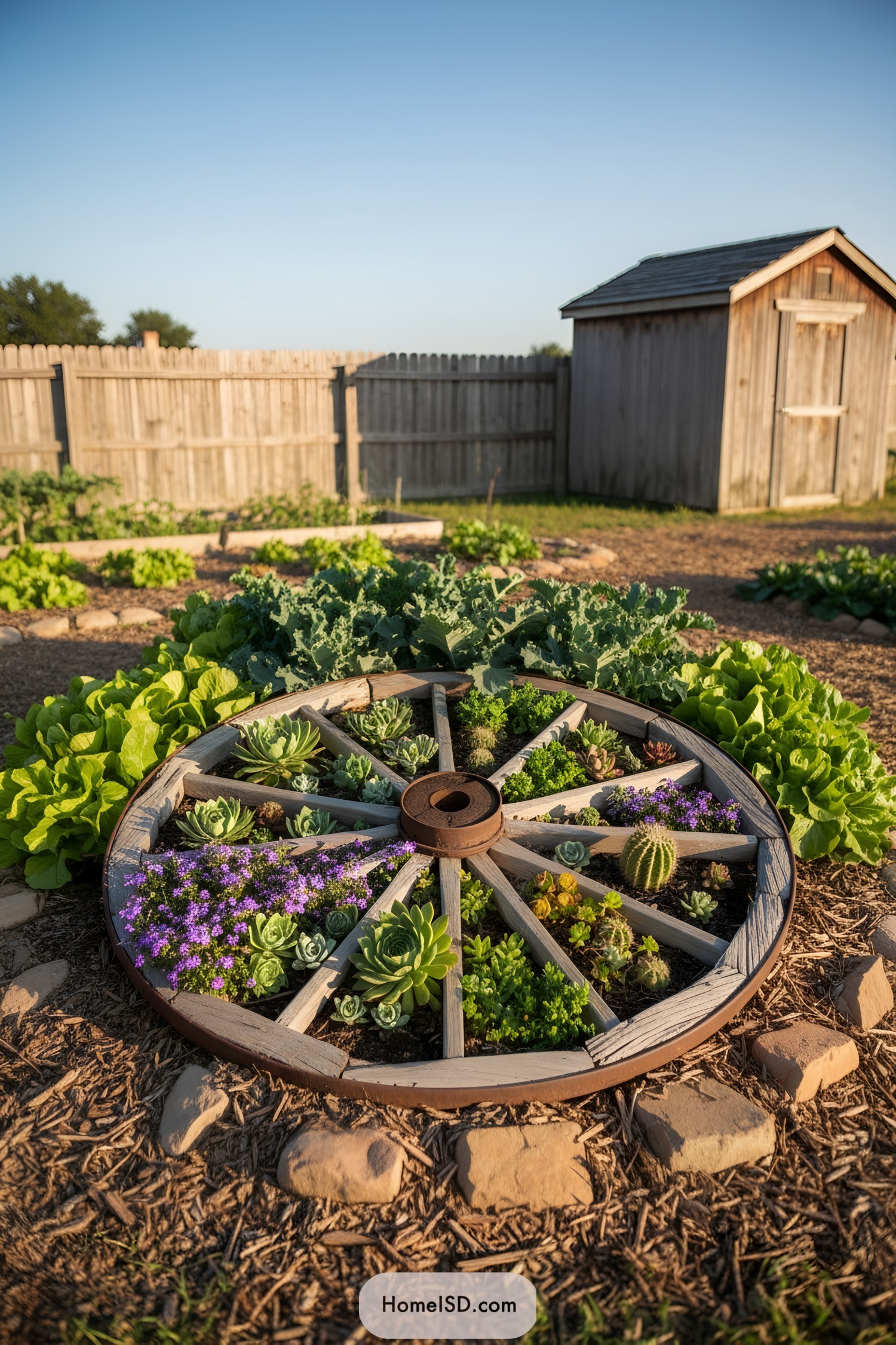 Old wagon wheel used as circular succulent planter in vegetable garden