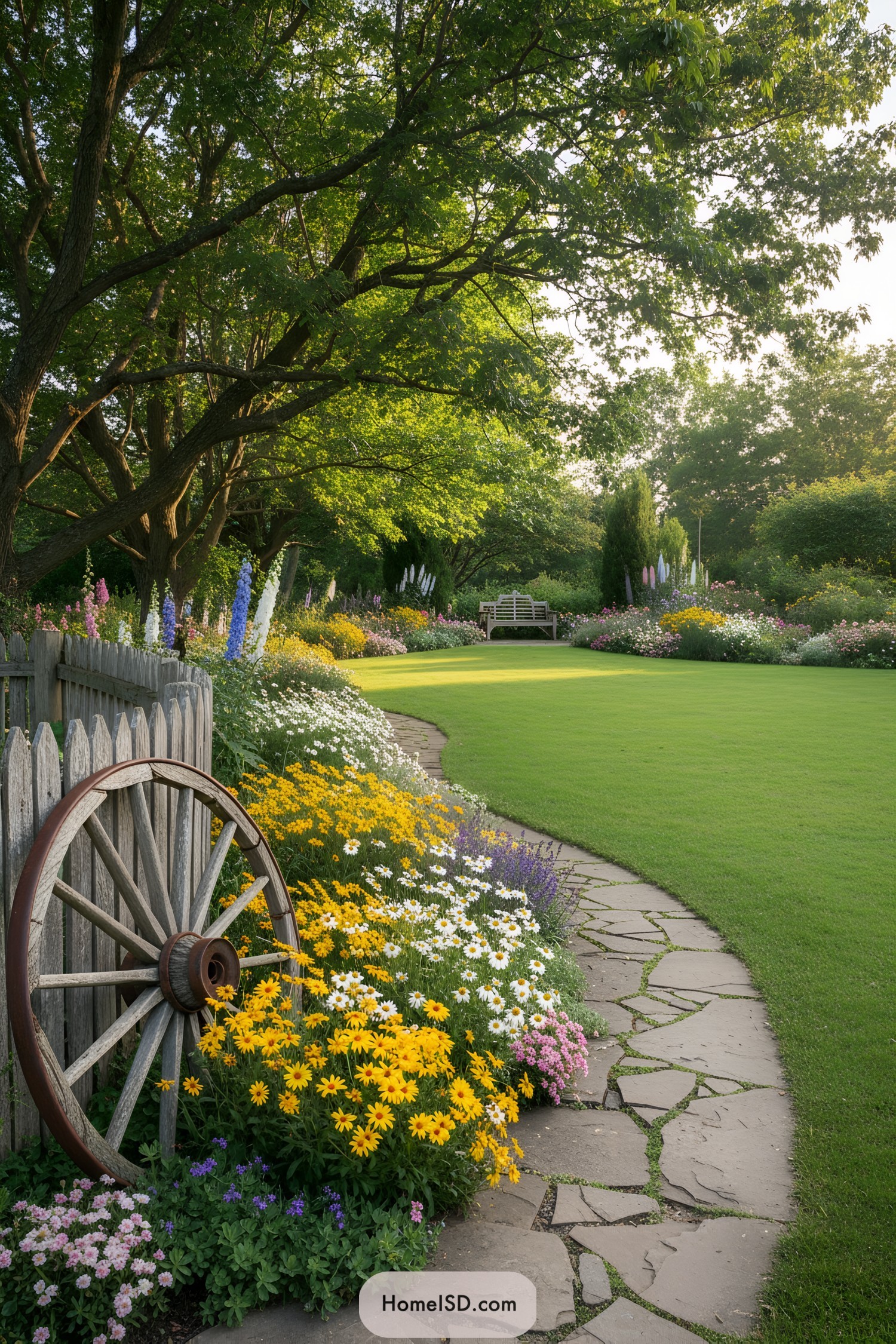 Old wooden wagon wheel leaning into cottage-style flower border beside curved stone garden path
