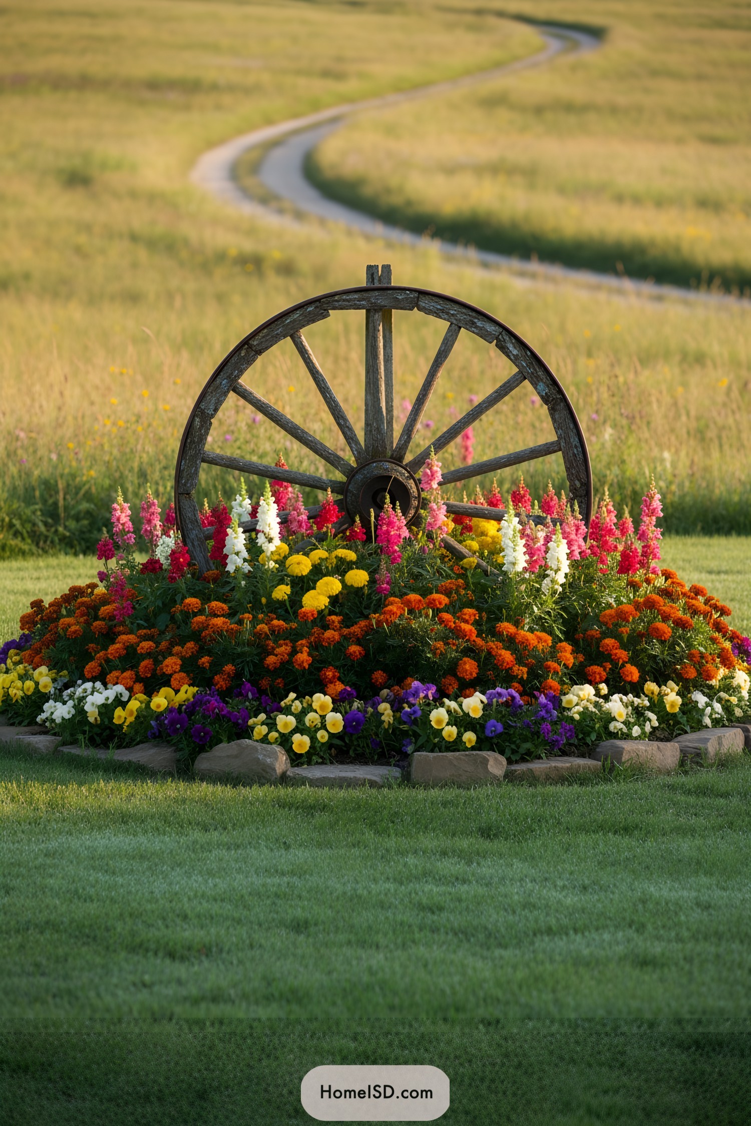 Old wagon wheel centered in circular flower bed