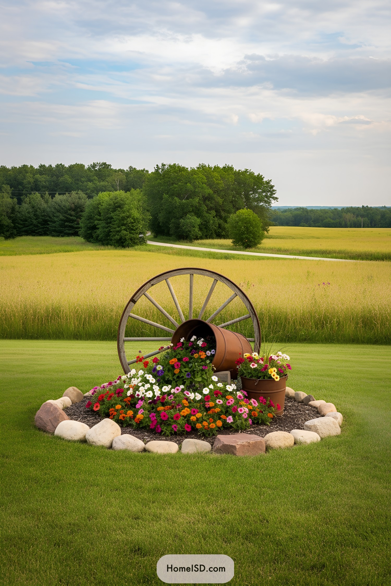 Wagon wheel flower bed with barrel spilling colorful blooms on a manicured lawn