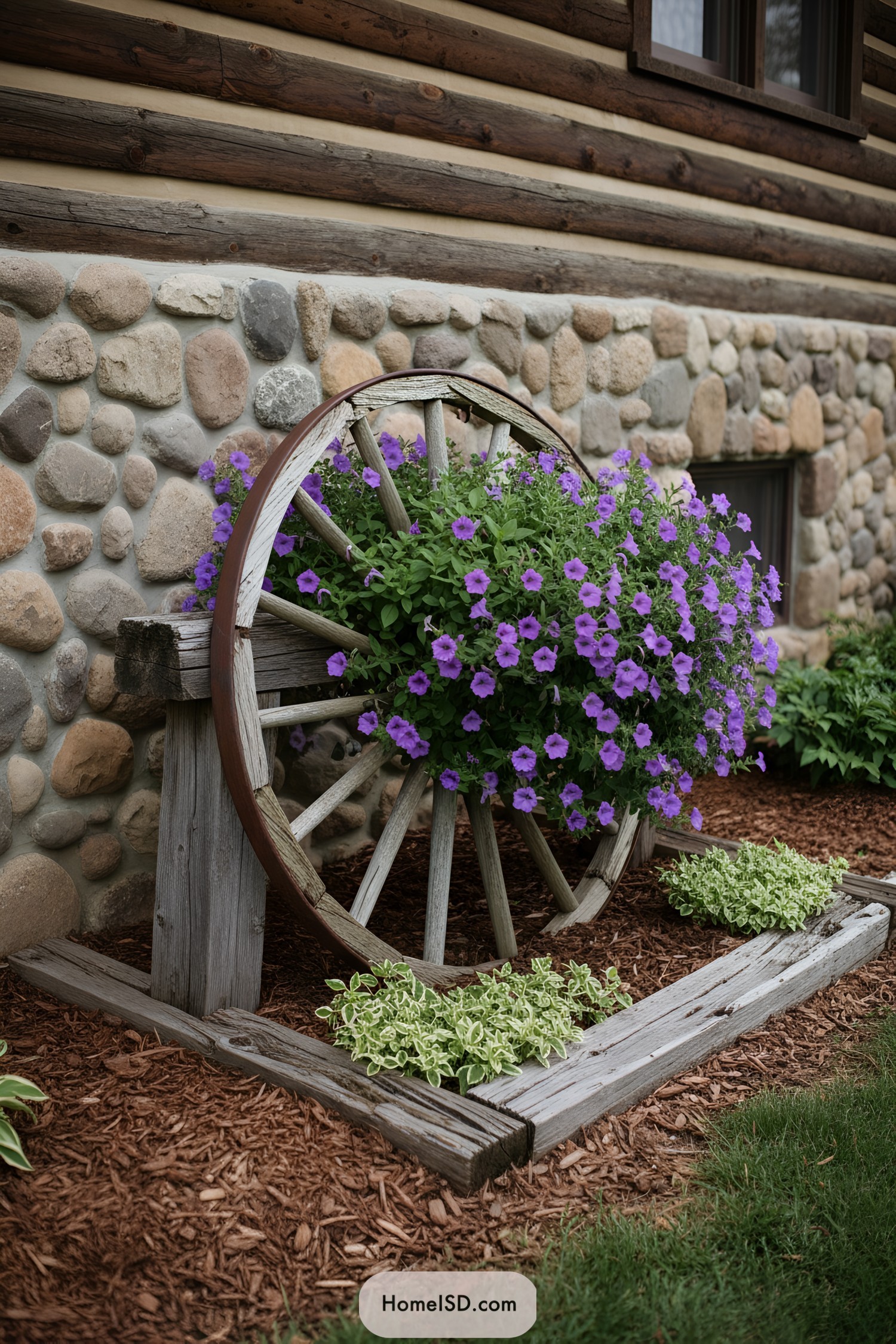 Old wagon wheel planter overflowing with purple flowers against a rustic stone-and-log cabin wall