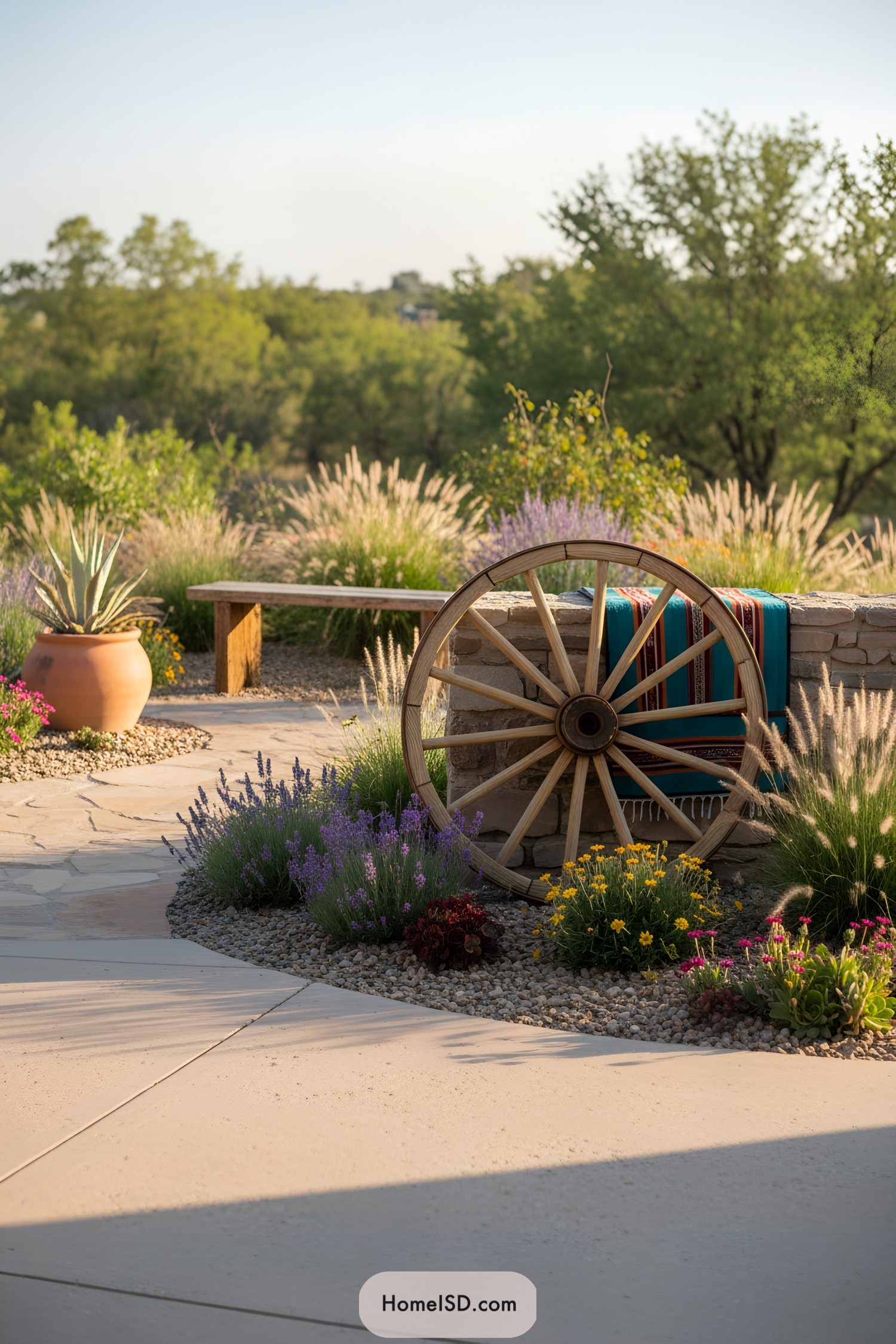 Wagon wheel decor beside stone wall in colorful xeriscape garden