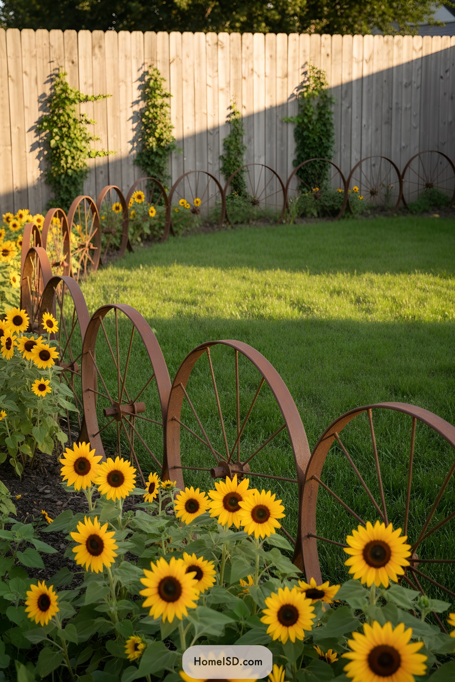 Rusty wagon wheels border a sunflower bed
