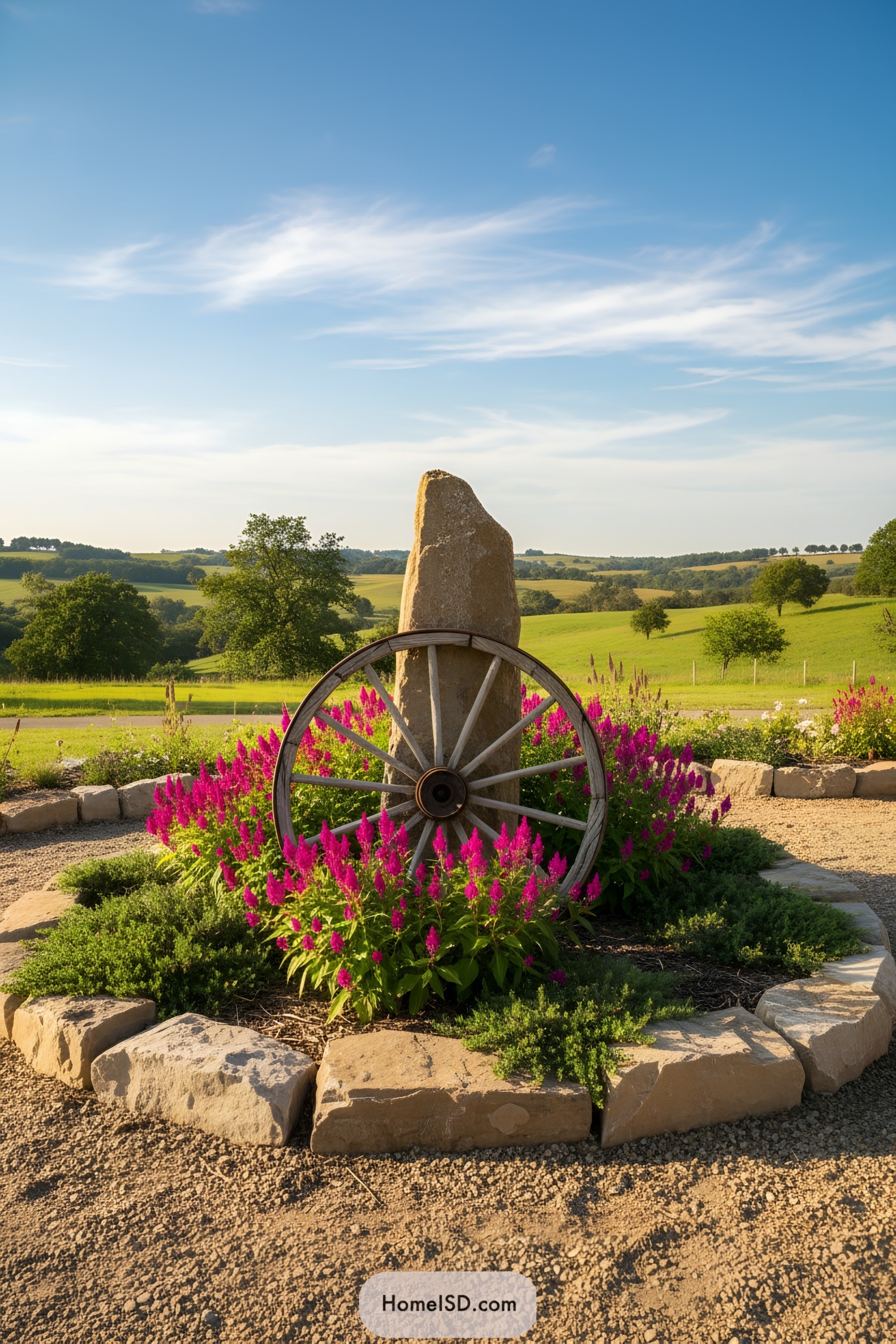 Weathered wagon wheel leaned against tall standing stone in circular flower bed with bright pink blooms