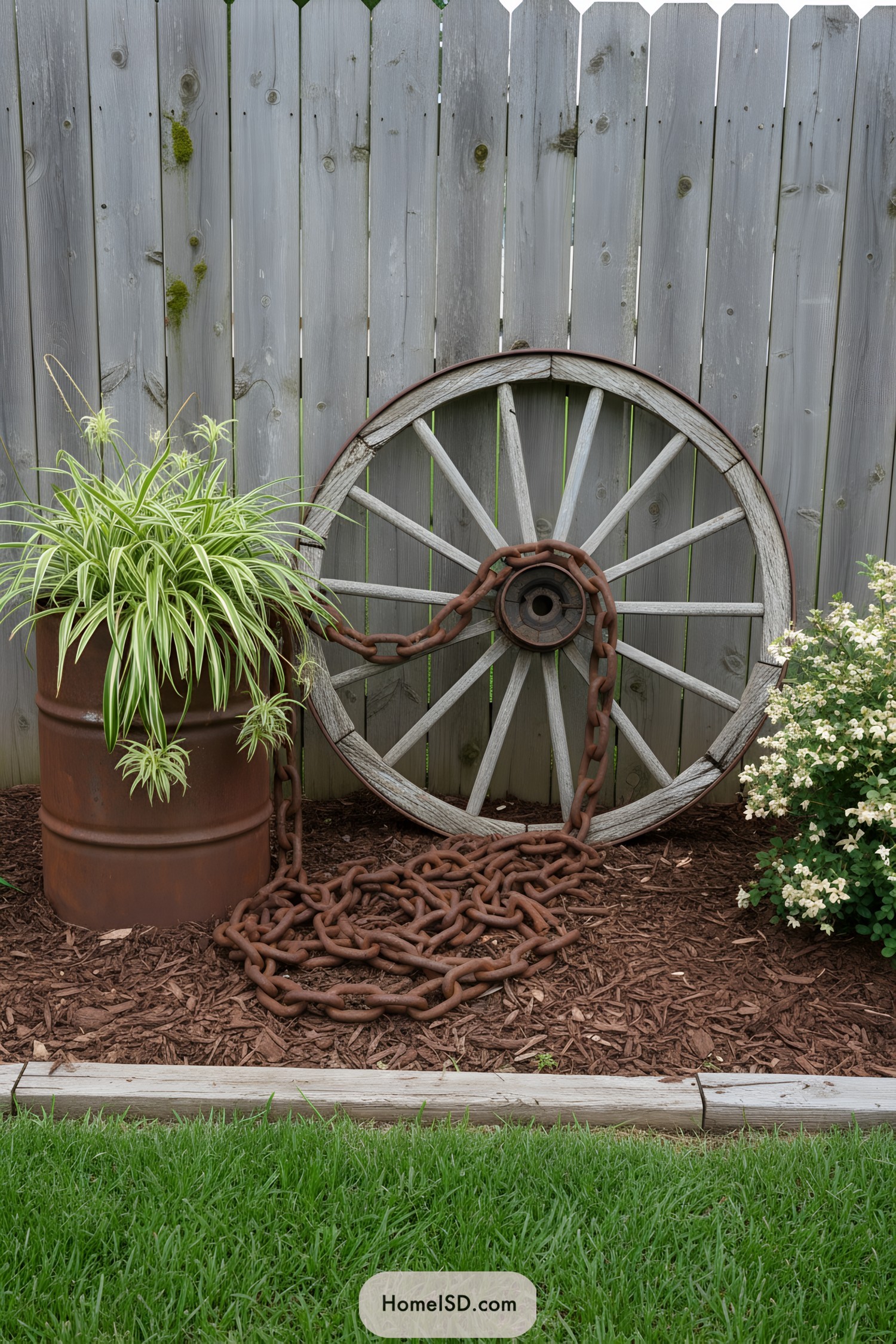 Old wagon wheel with rusty chain beside planter barrel and flowers
