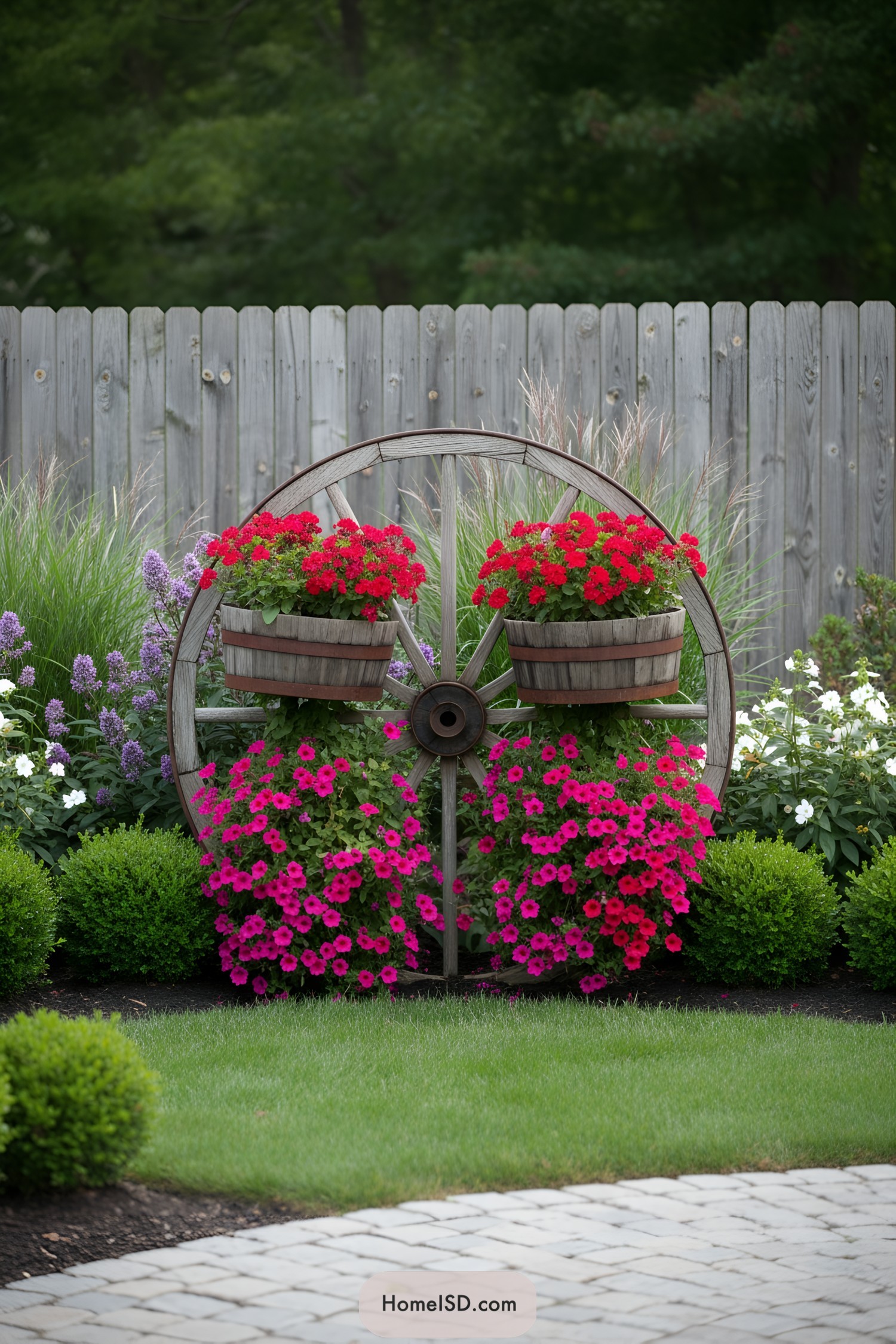 Wagon wheel planter with cascading red and pink flowers