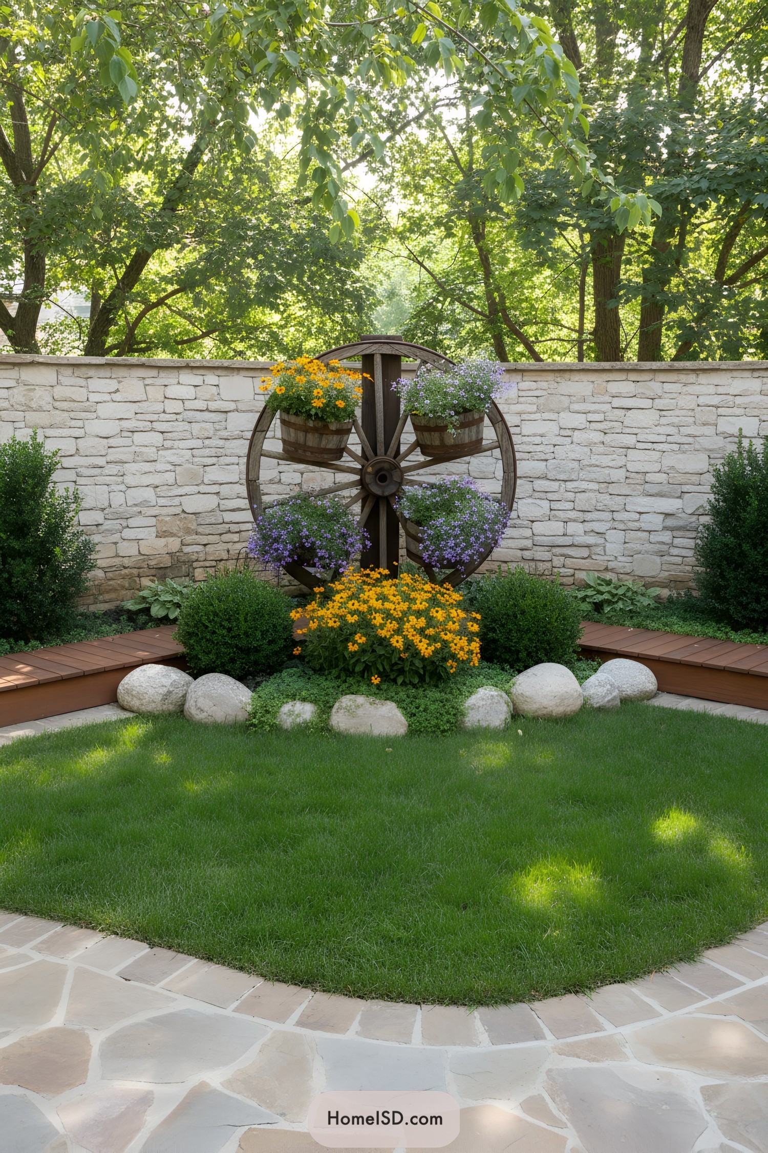 Large wagon wheel planter against stone wall