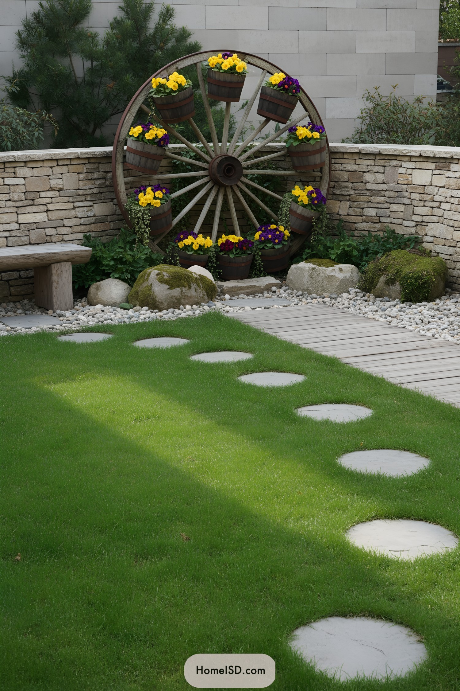 Wagon wheel planter against stone wall with bucket flowers and modern lawn path