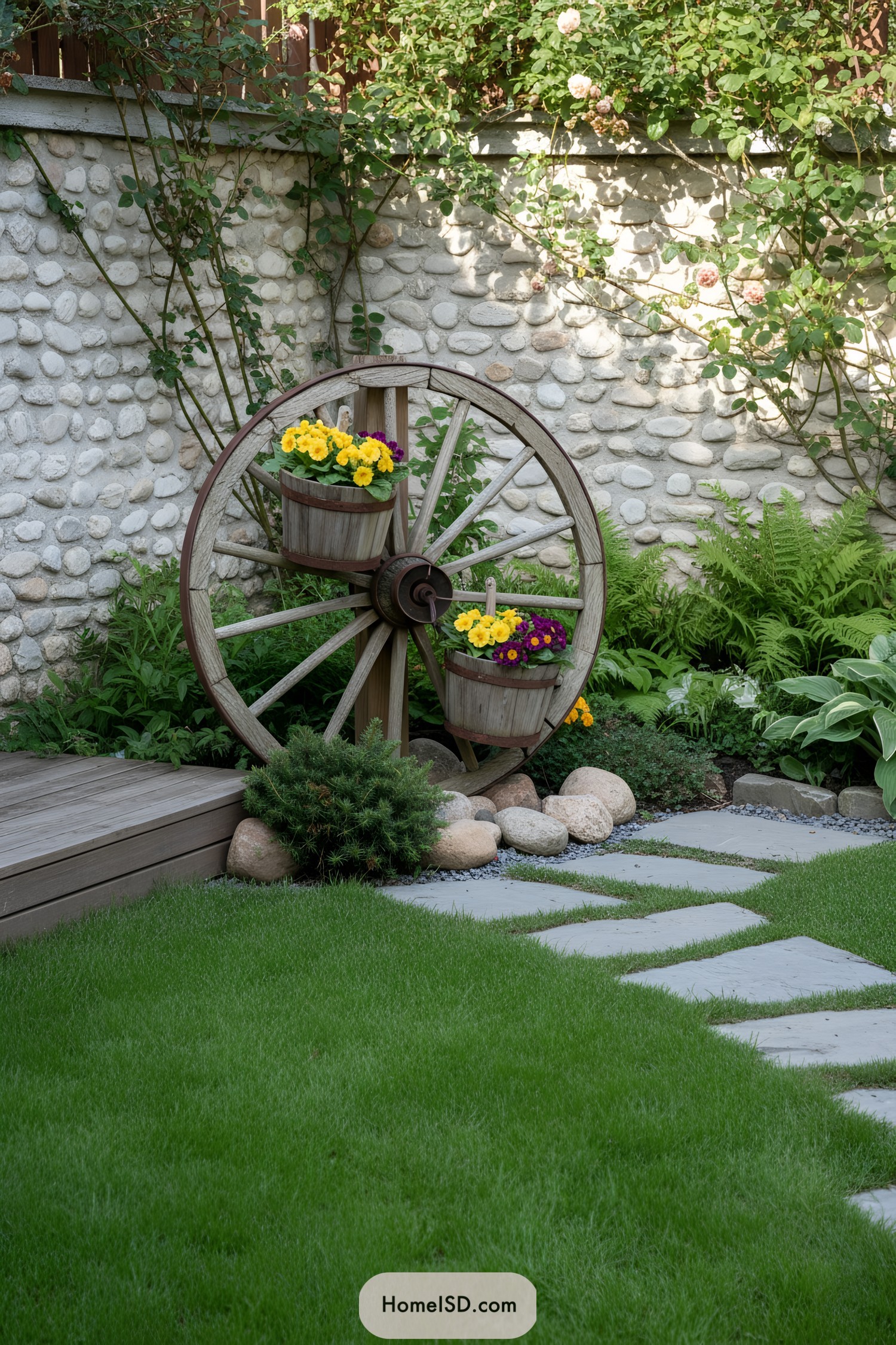 Wooden wagon wheel with bucket planters of colorful flowers in a lush garden corner