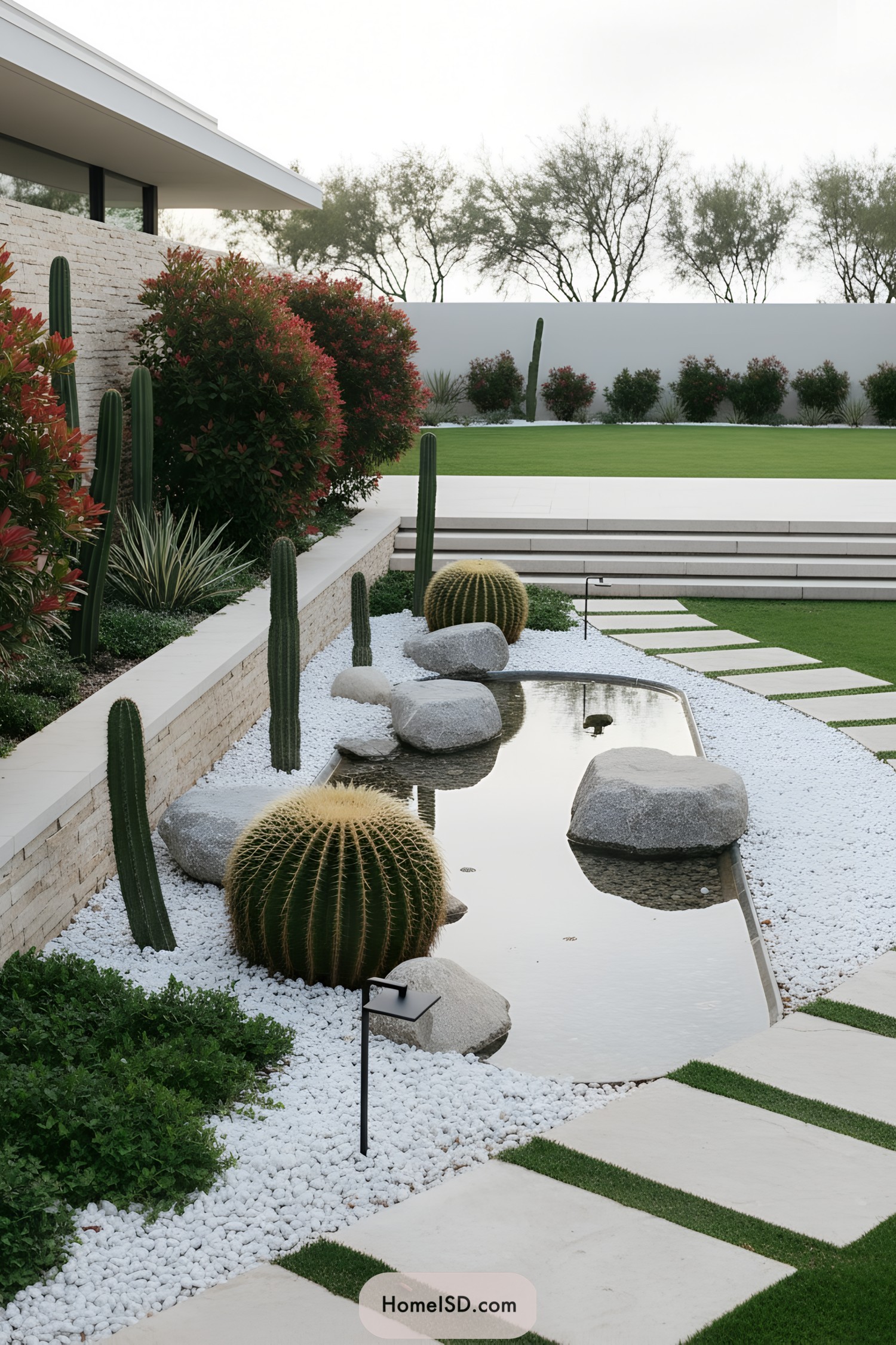 Contemporary cactus garden with white pebbles, large boulders, and a narrow reflective pond beside a modern patio