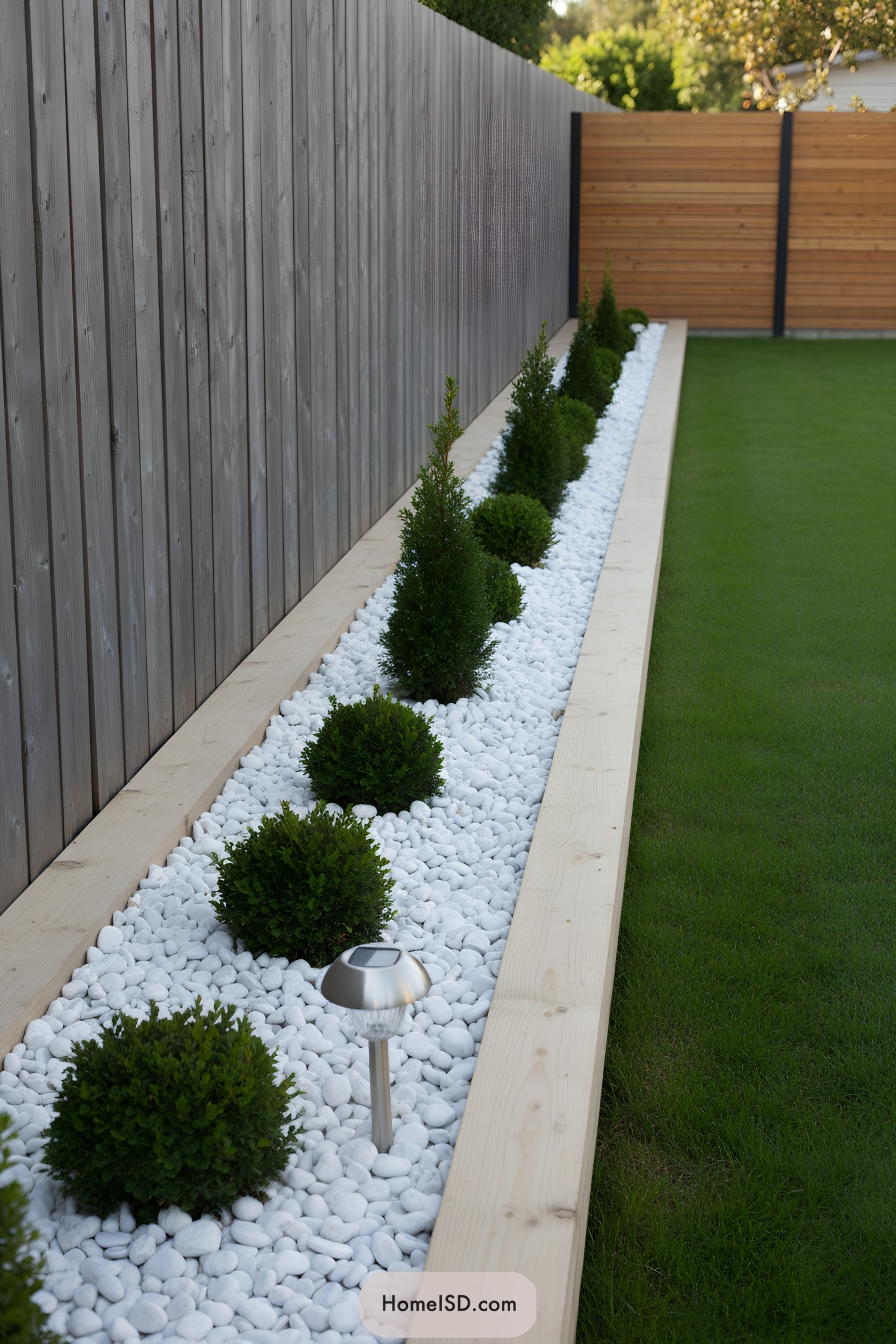 Narrow white pebble bed with trimmed shrubs beside a wooden fence