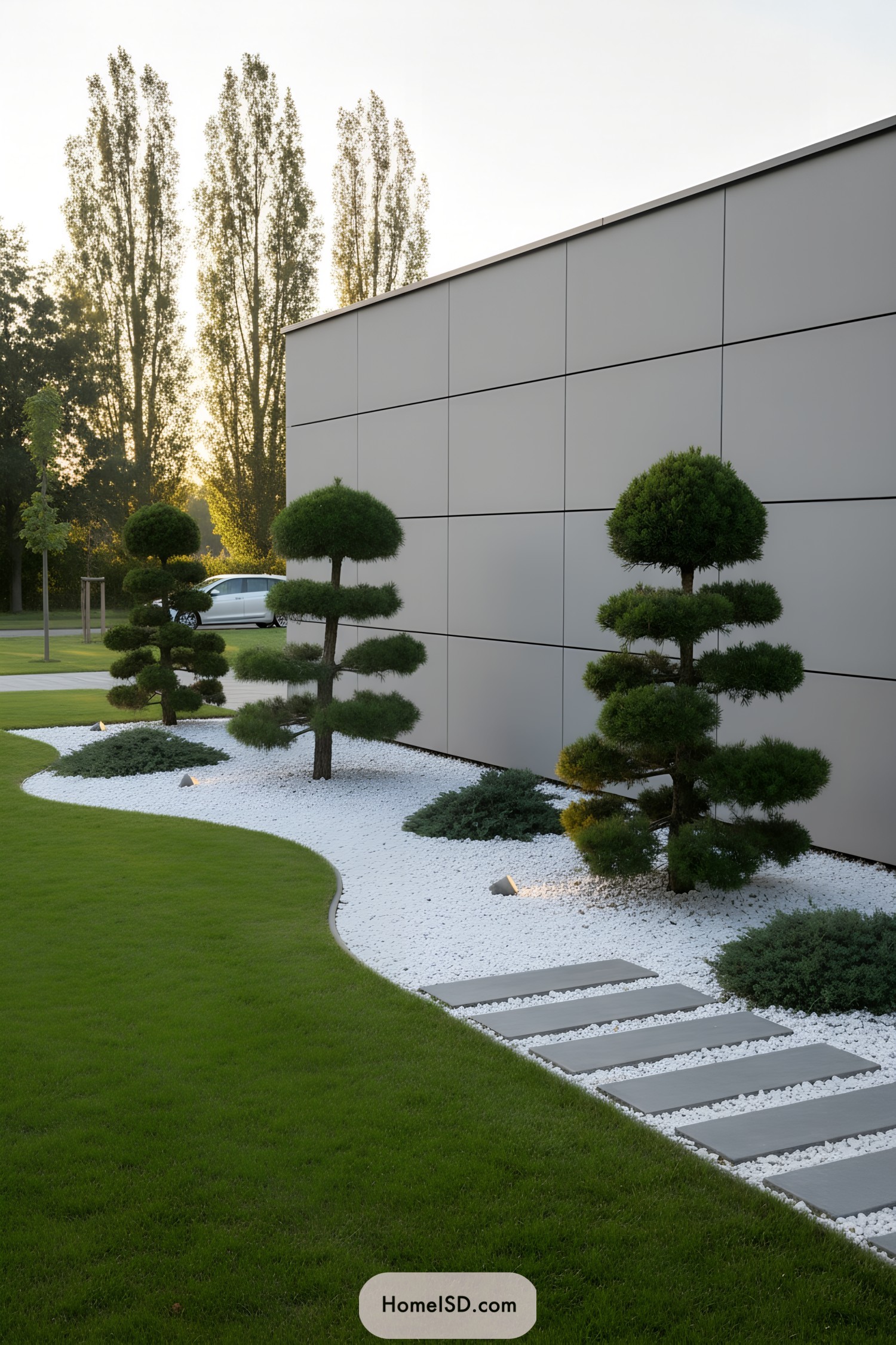 Modern garden with white pebbles, sculpted evergreens, and gray stepping stones beside a sleek building