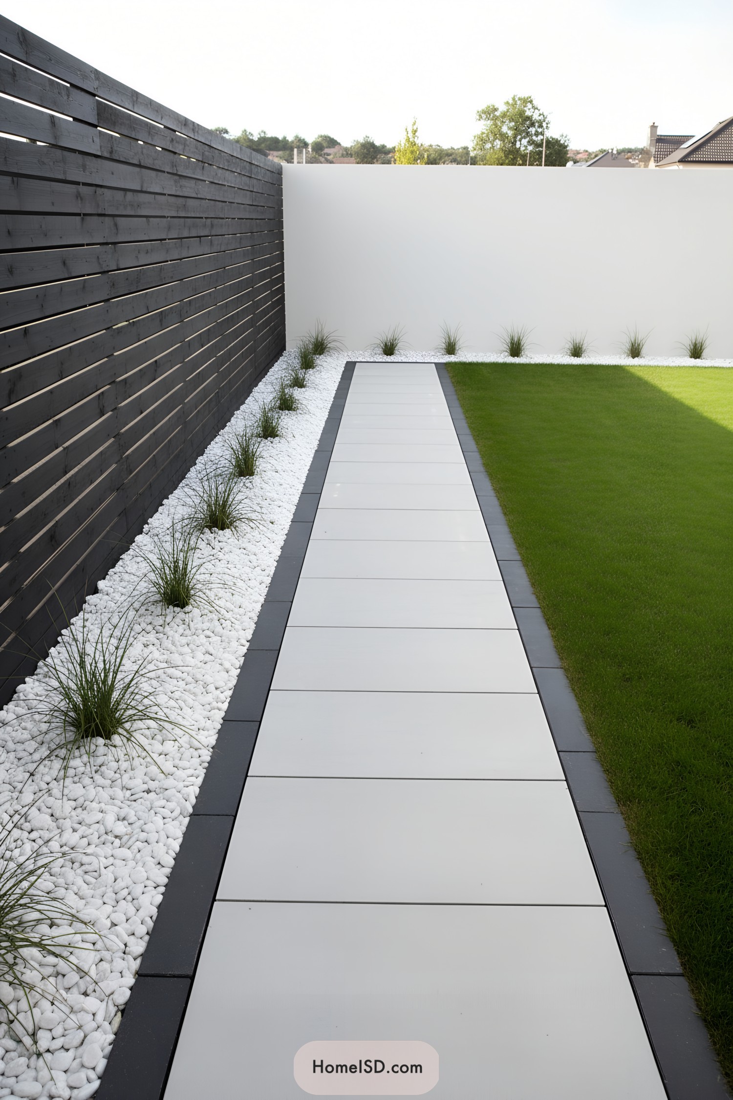 Long minimalist garden path flanked by white pebbles, grasses, dark fence, and trimmed lawn