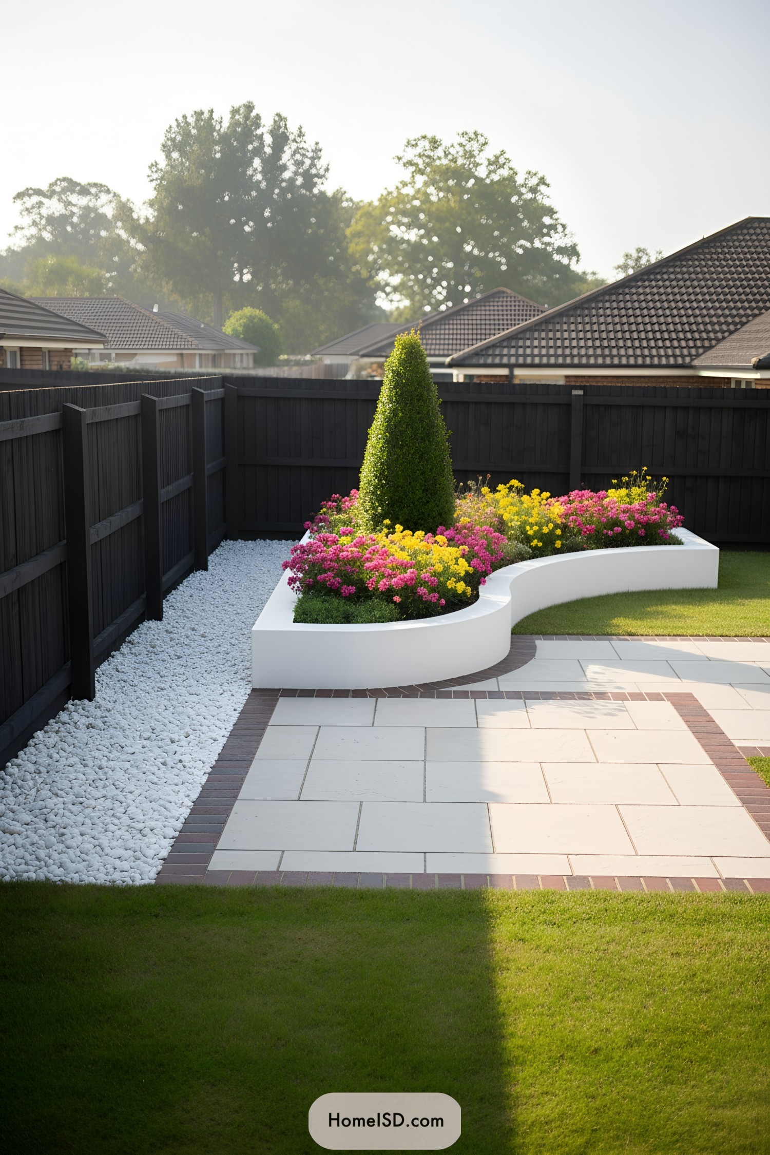 Modern backyard with white pebble strip, curved white planter, colorful flowers, and cone-shaped topiary beside a tiled patio