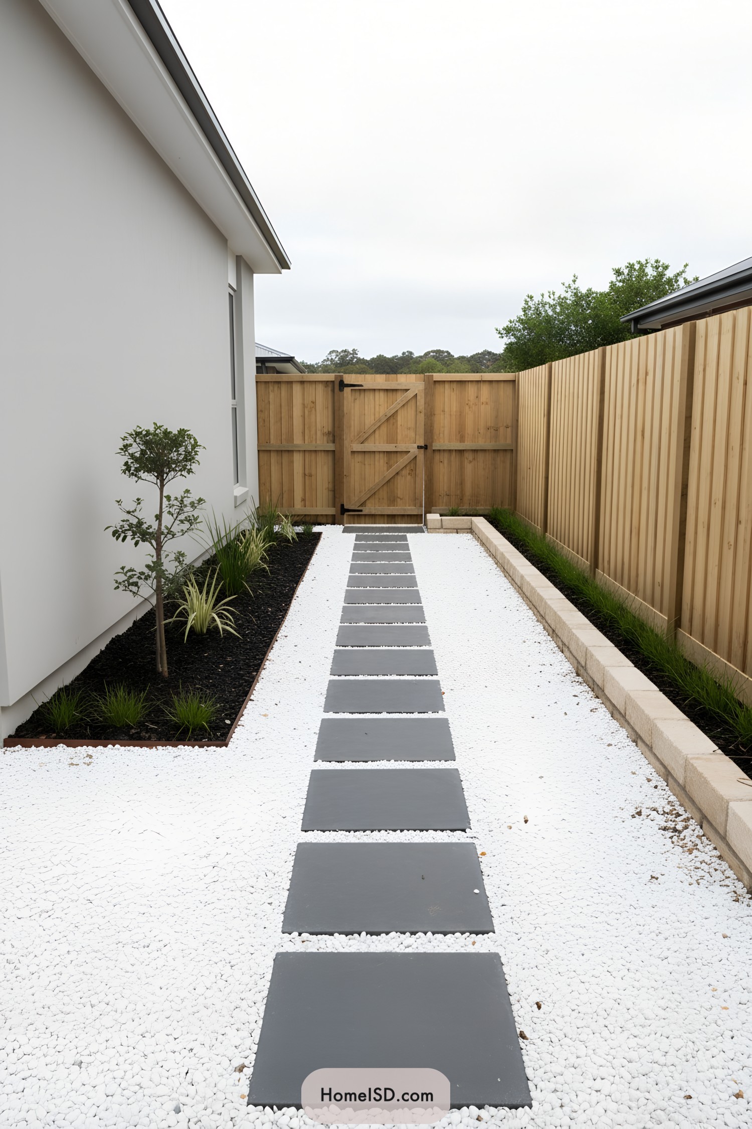 Narrow side yard with dark square pavers centered in white pebbles, flanked by simple planting beds and a timber fence