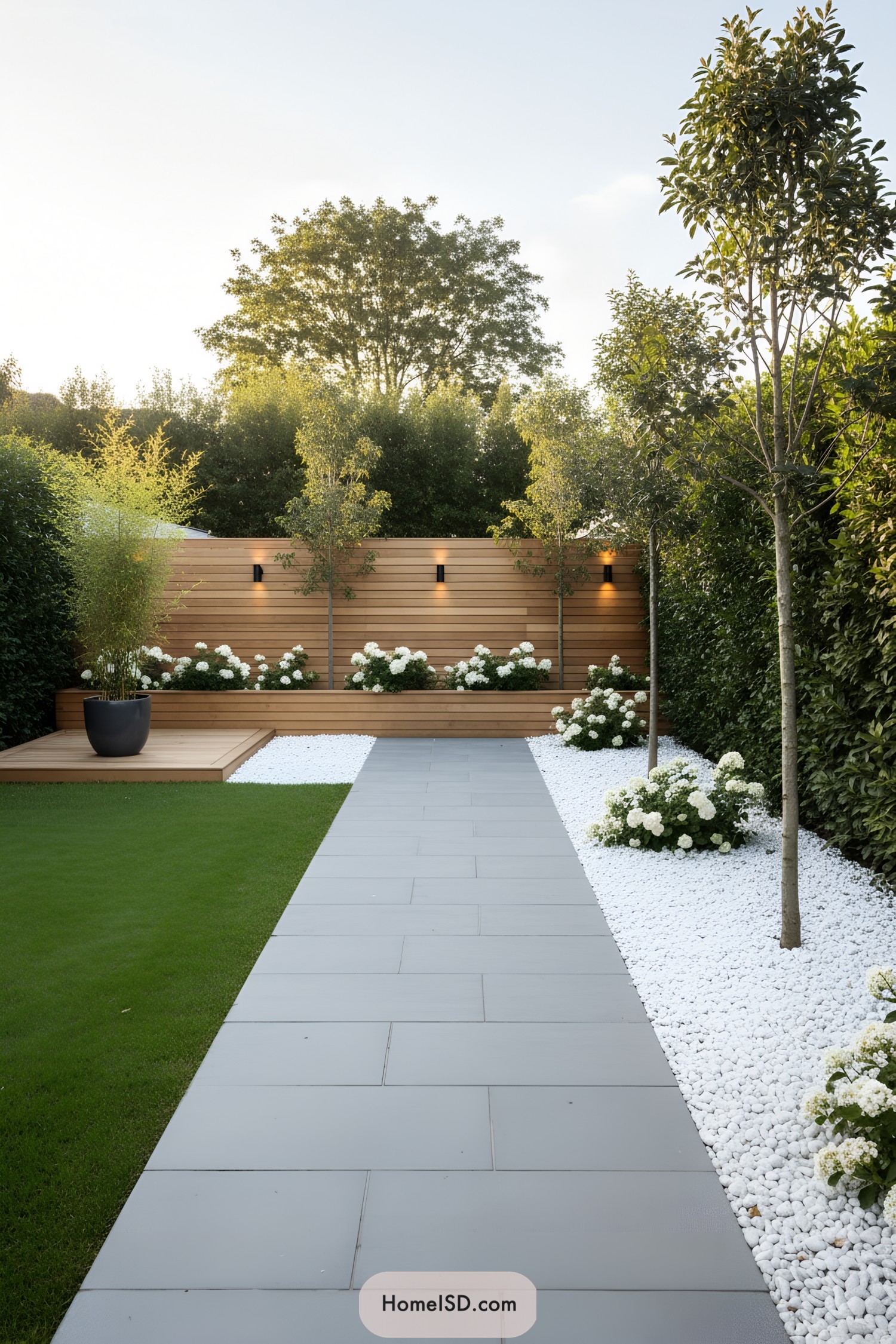 Modern backyard with slate path and white pebble beds