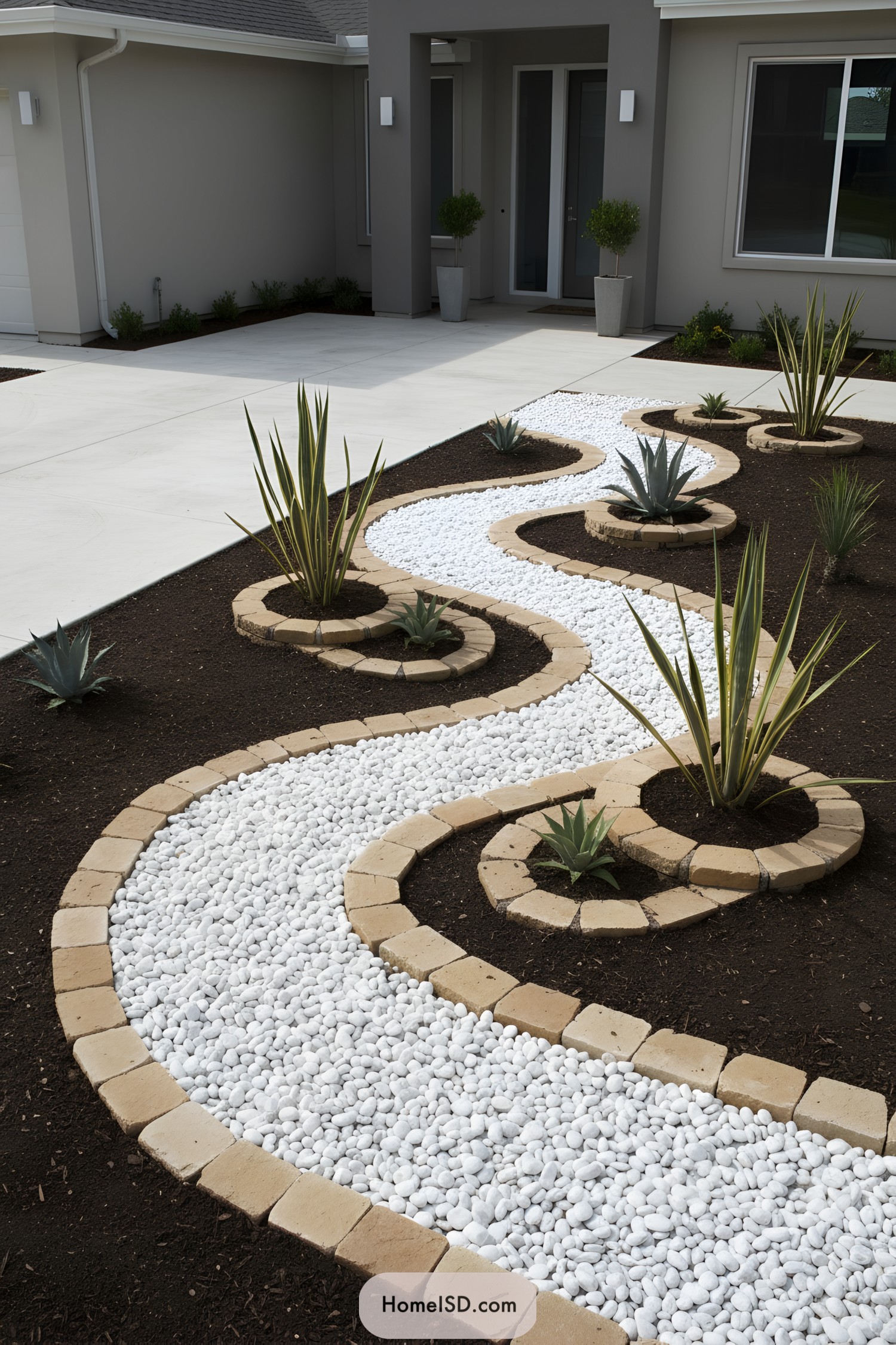 Curving white pebble bed with agaves and tan stone edging in a modern front yard