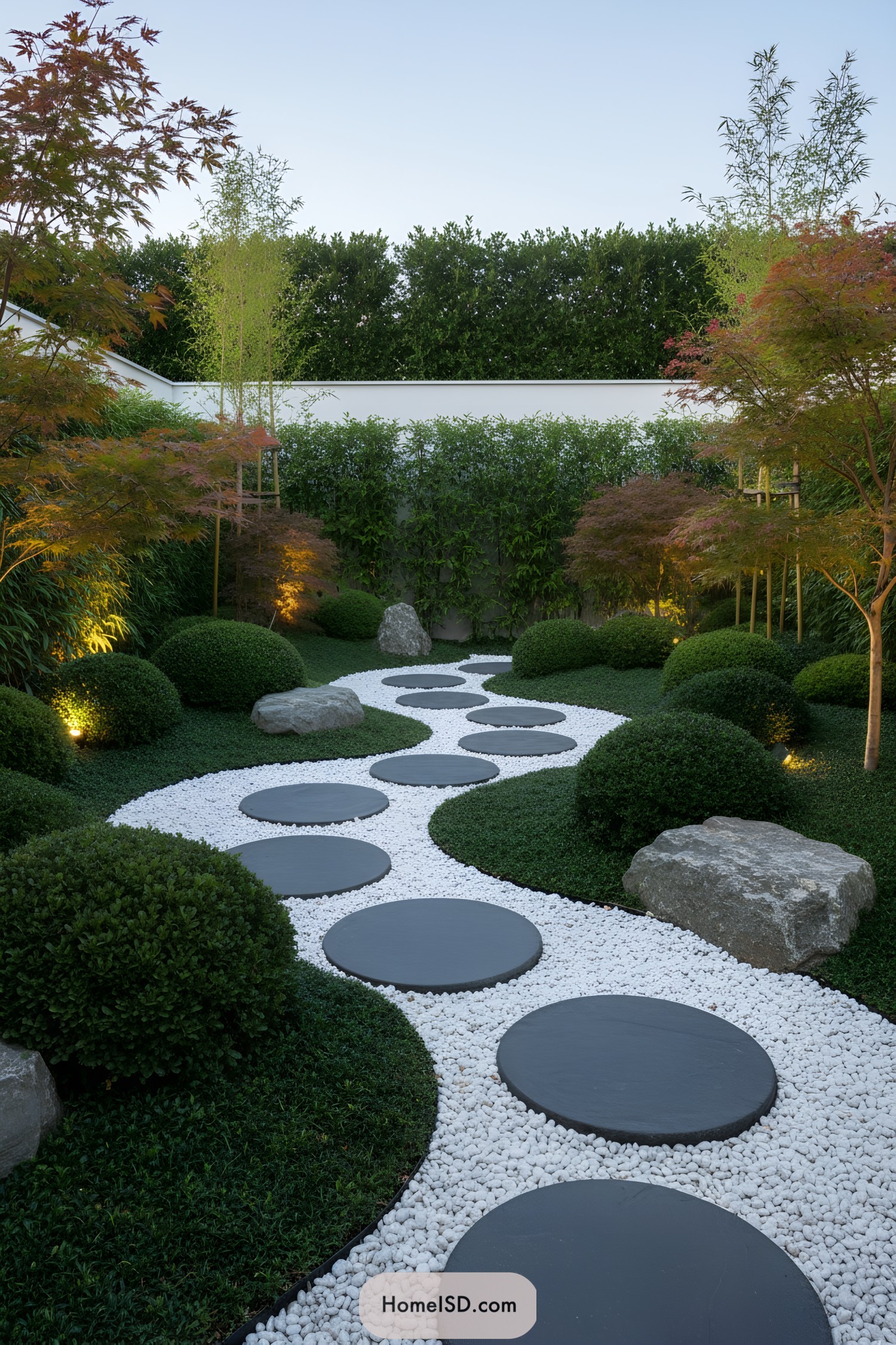 Curving white pebble path with large round dark stepping stones framed by sculpted greenery and small trees