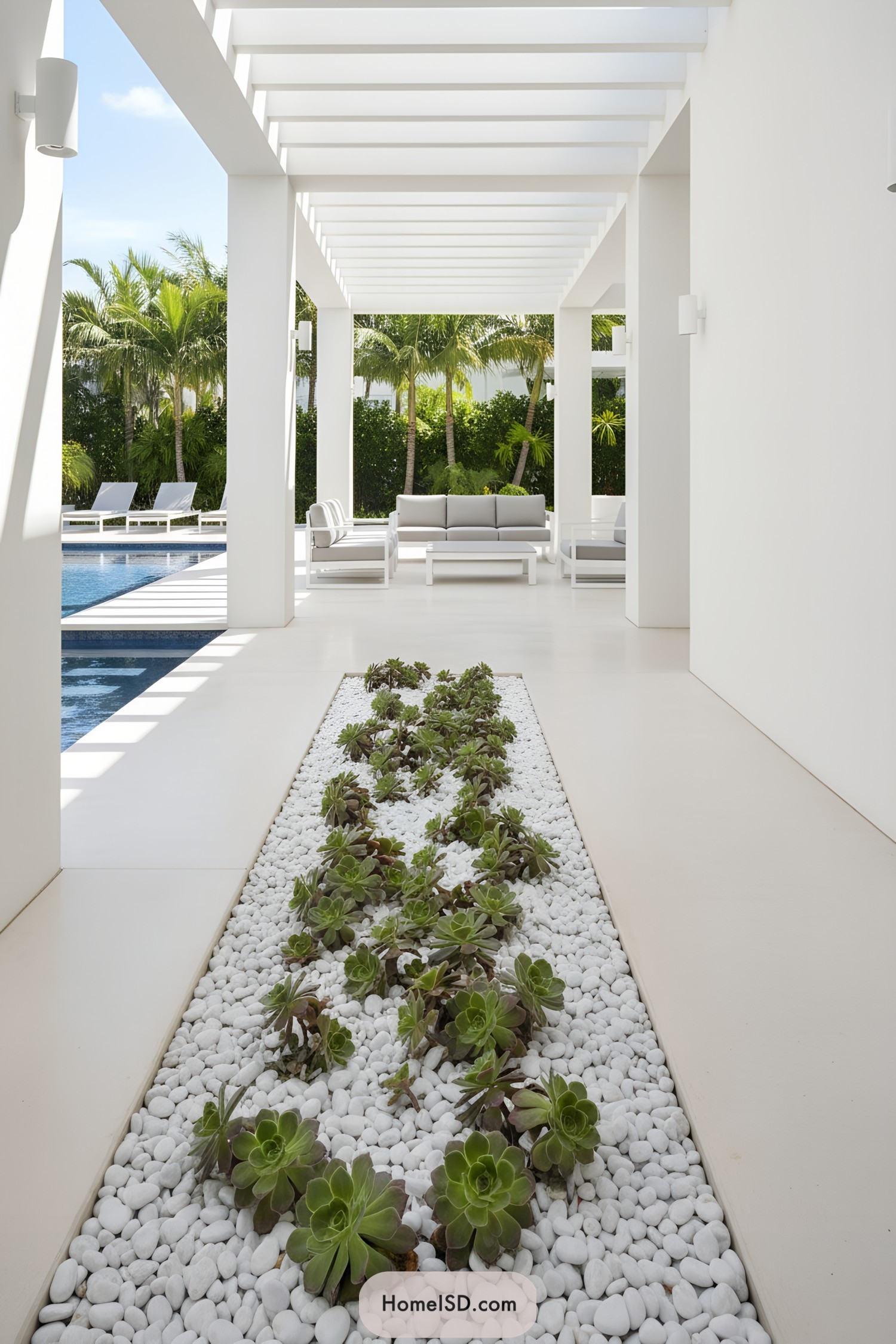 Narrow white pebble bed with succulents beneath a sleek outdoor pergola by a pool