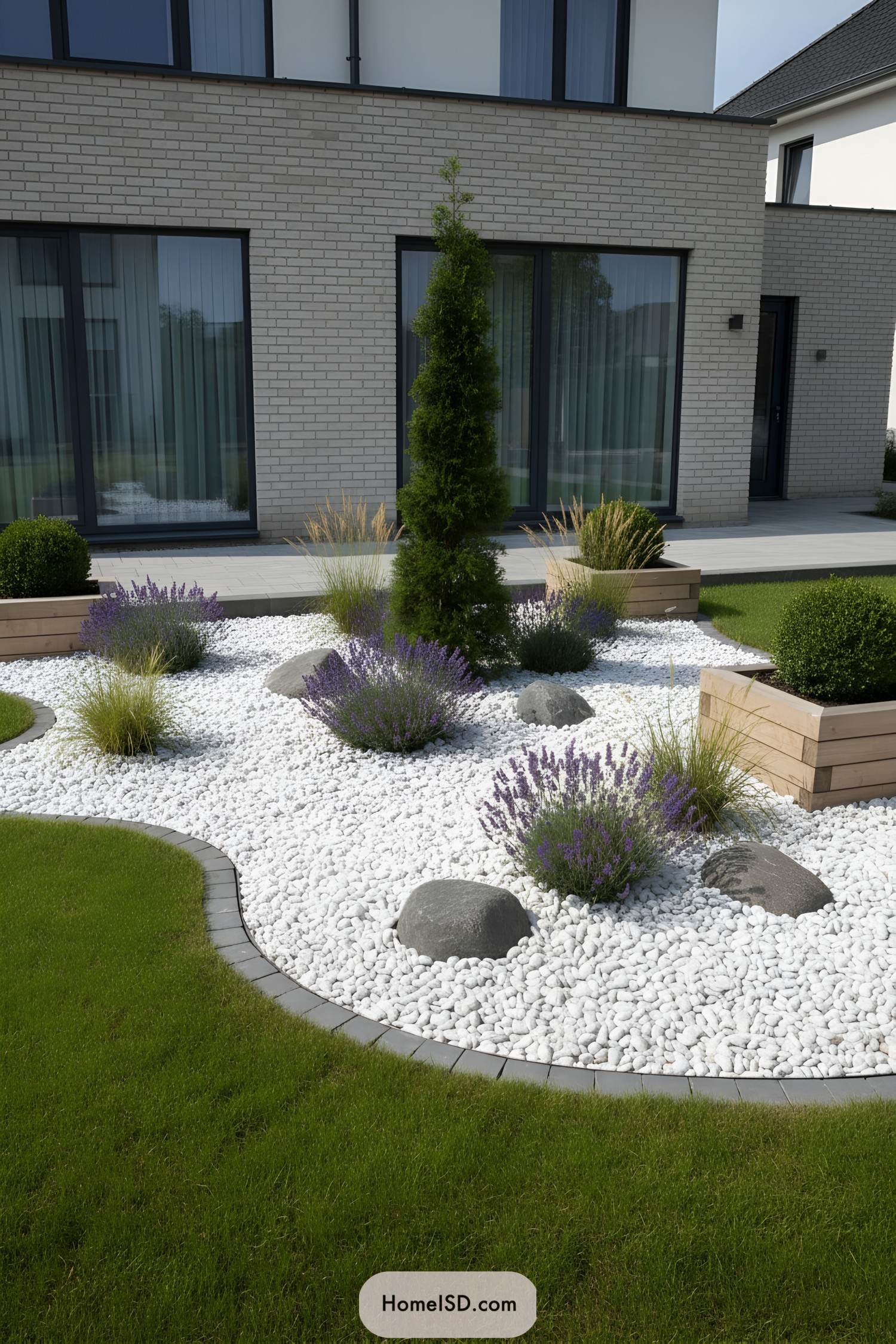 Modern front yard with white pebble garden and sculpted plantings