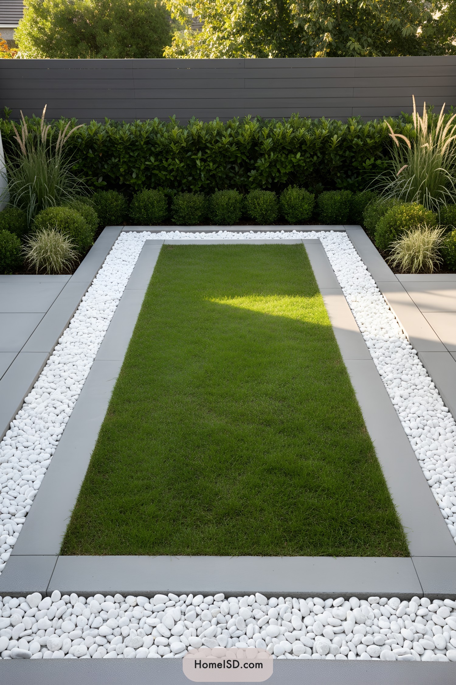 Rectangular lawn framed by white pebble border and sleek paving