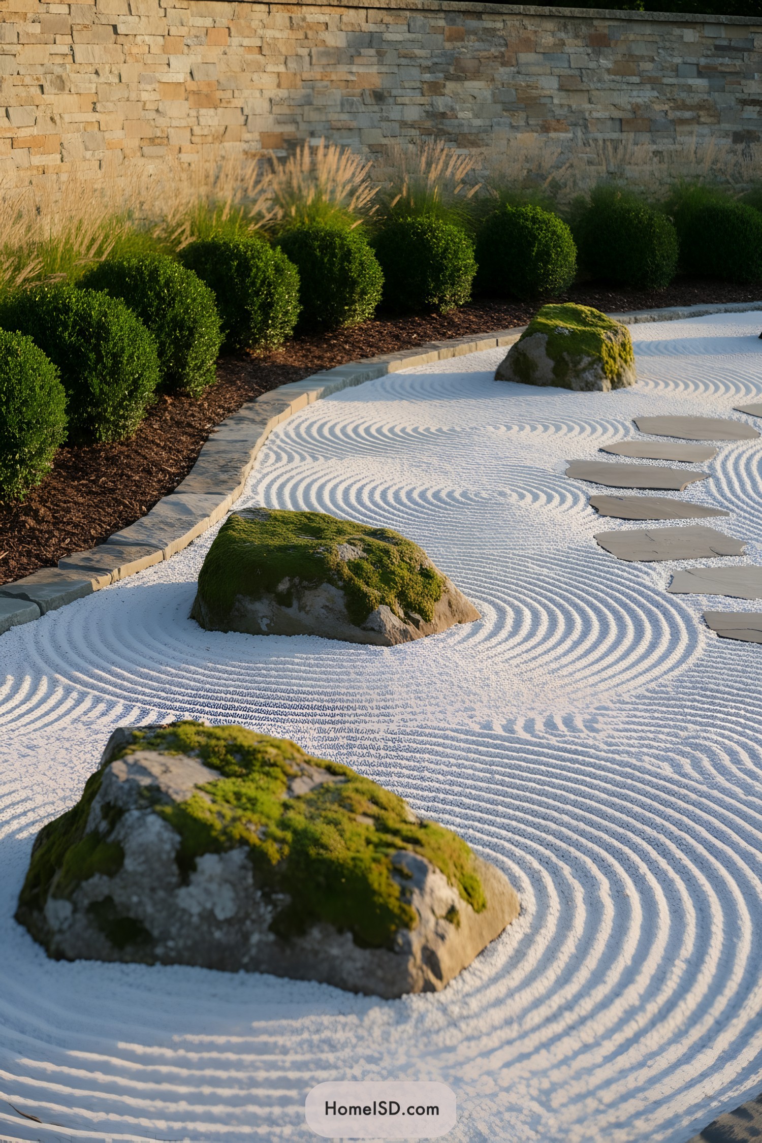 Zen-style white pebble garden with moss-covered boulders and raked concentric patterns