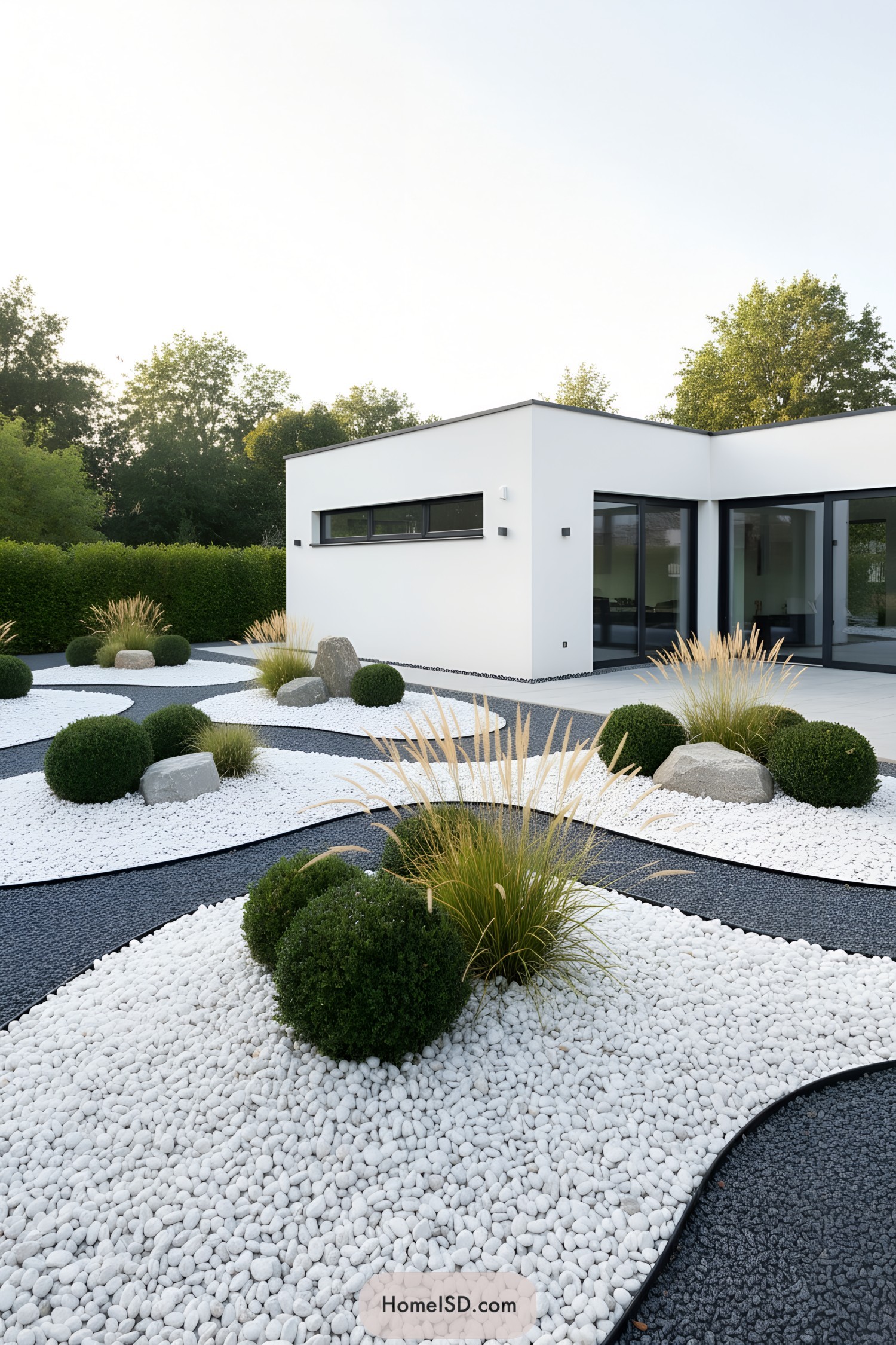 Modern black and white pebble garden with sculpted mounds of grasses and shrubs beside a minimalist white house