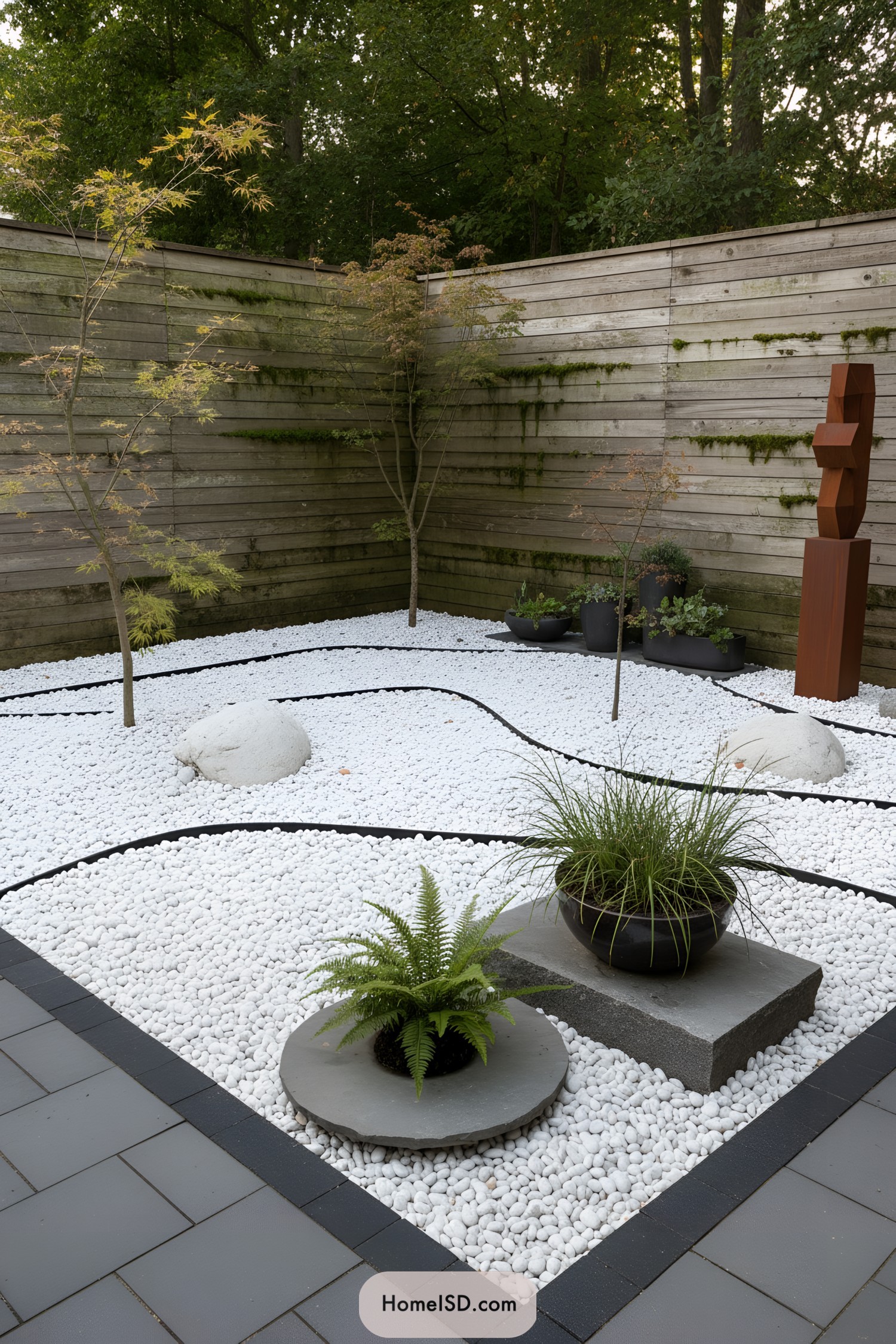 Modern courtyard with white pebbles, slim black paths, trees, planters, and a rust-colored sculpture