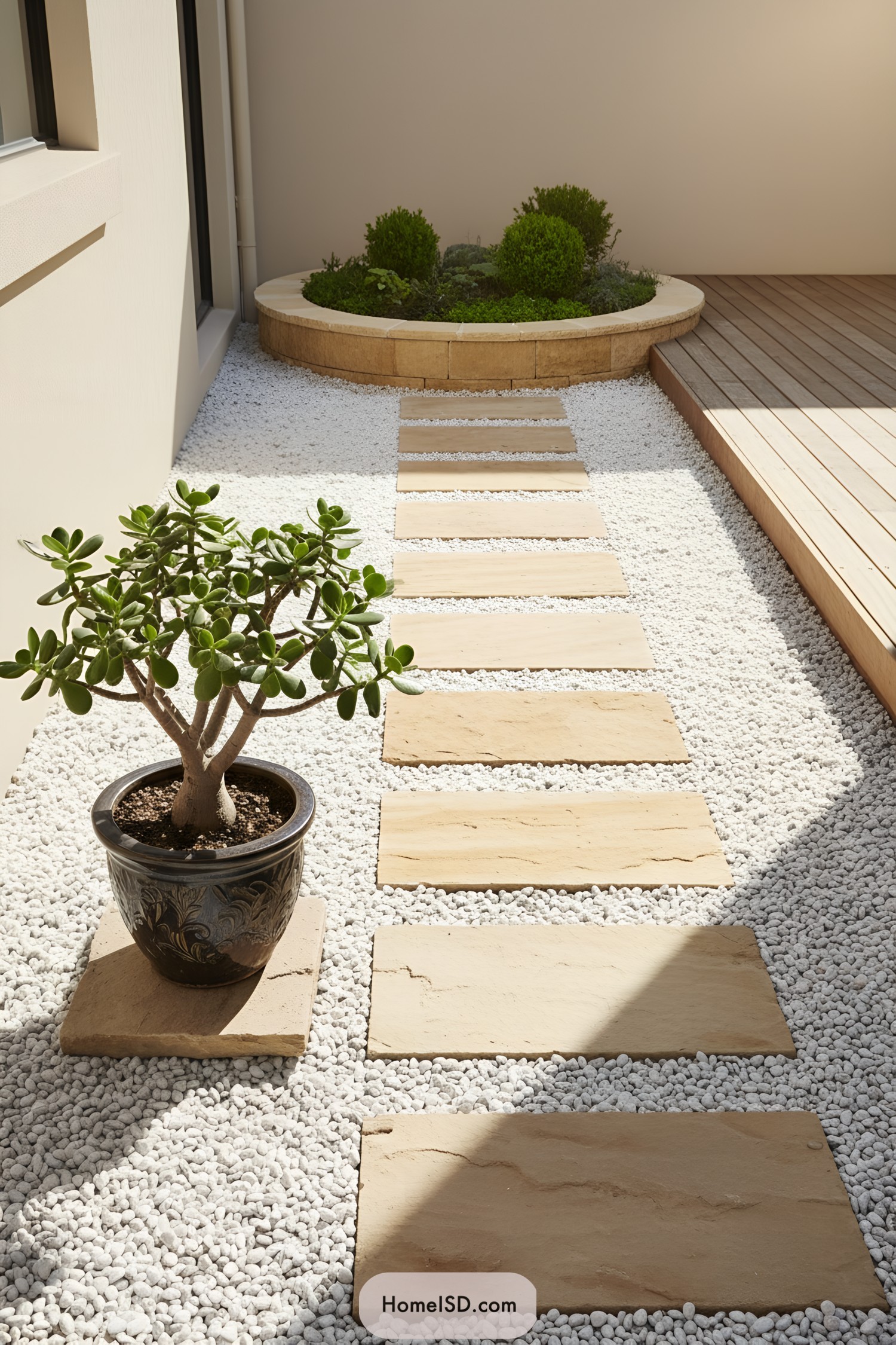 Narrow courtyard with white pebbles, tan stepping stones, potted jade plant, and a round raised planter at the end