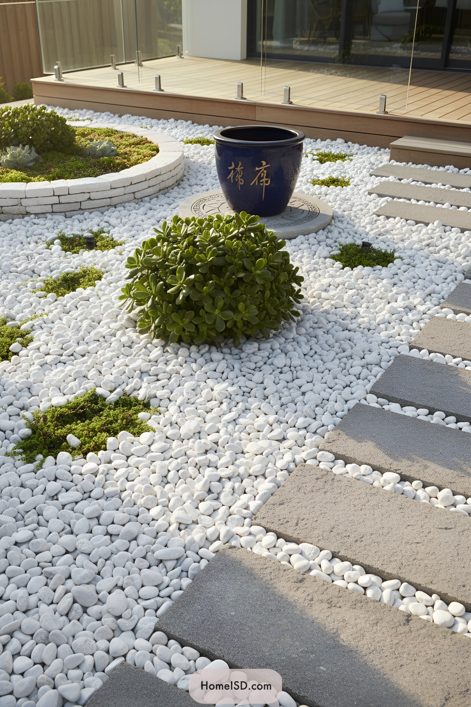 Modern white pebble garden with gray pavers, round greenery mounds, and a blue ceramic planter