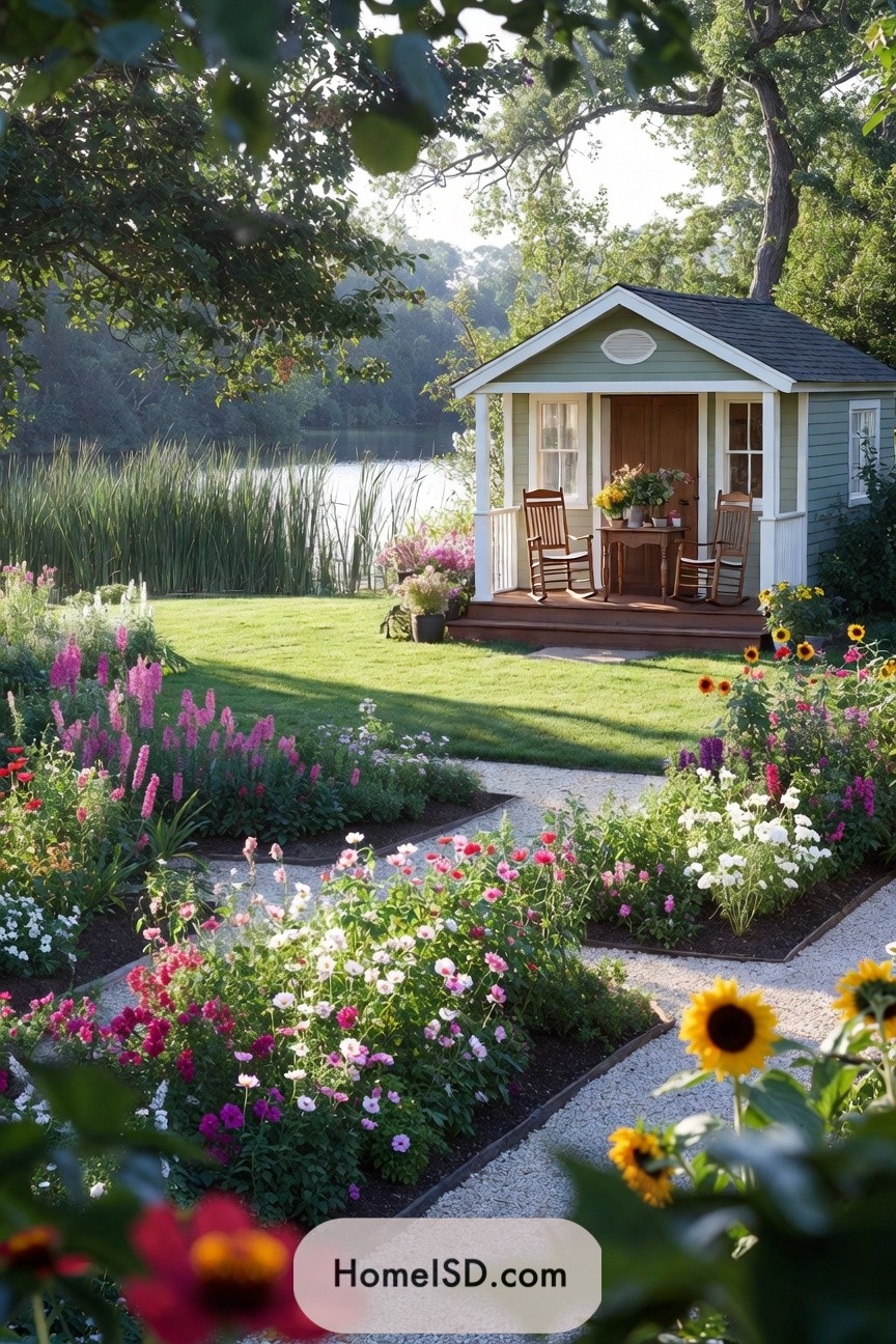 Small lakeside cottage with colorful flower beds and gravel paths