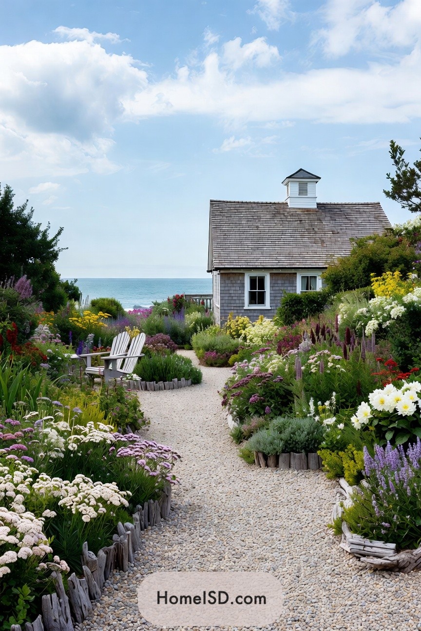 Coastal cottage garden with curving gravel path and overflowing flower borders
