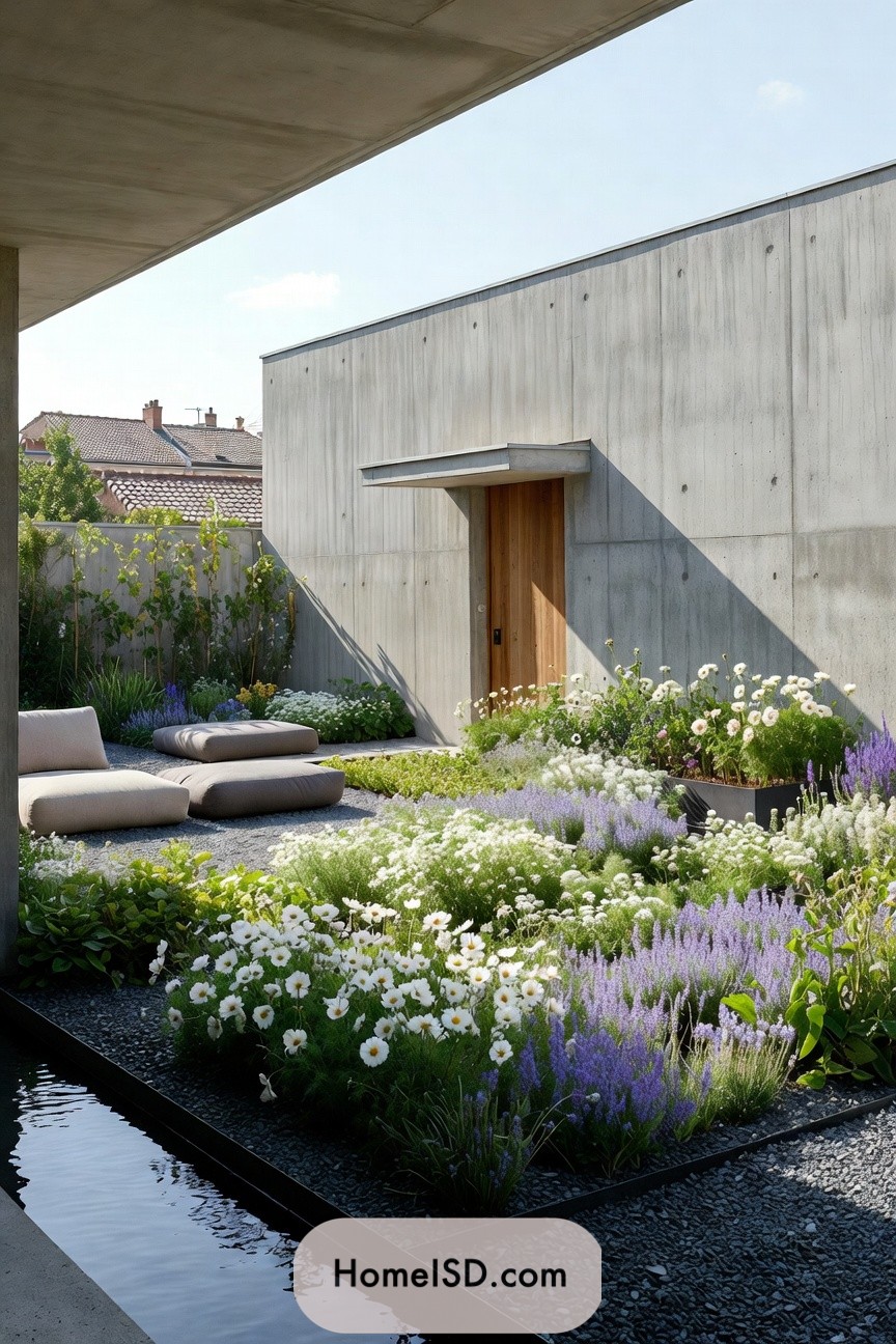 Modern concrete courtyard with layered flower beds and low lounge seating