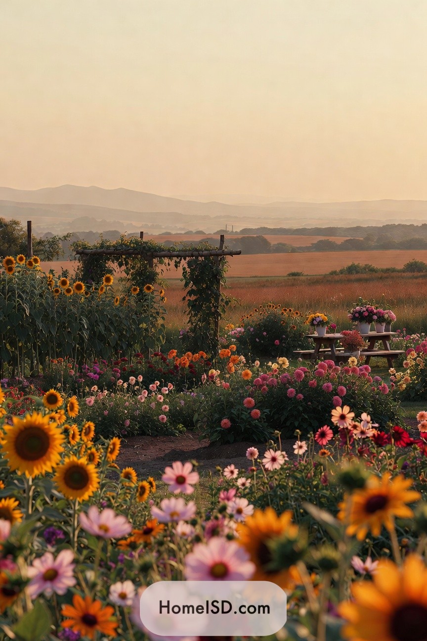 Colorful cut flower garden at sunset