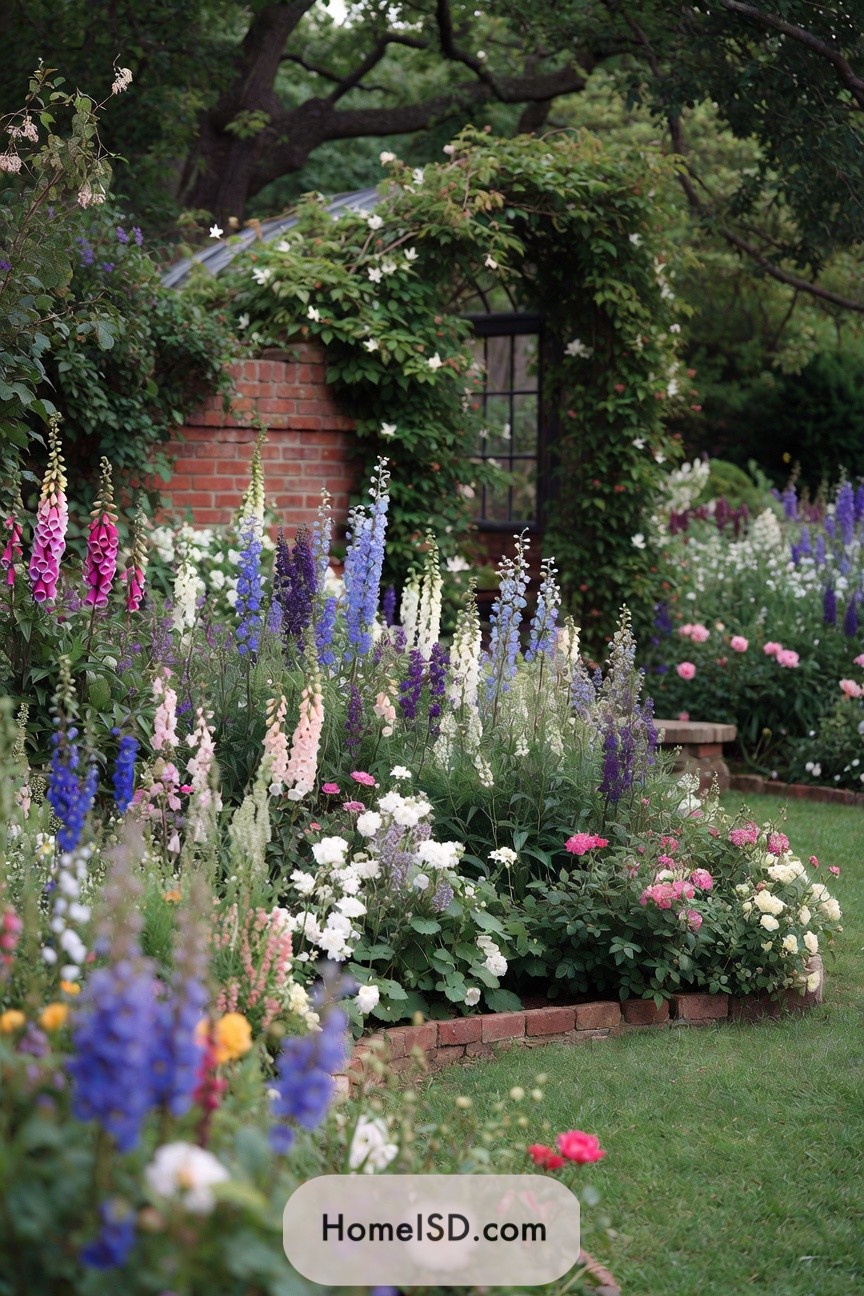 Tall flower beds with foxgloves and delphiniums beside a brick wall and vine-covered arch in a lush garden