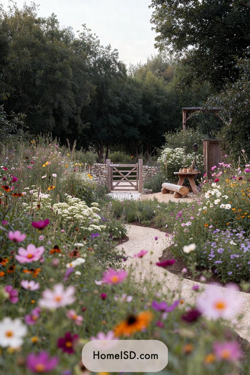 Curved gravel path through wildflower-filled garden toward wooden gate and bench