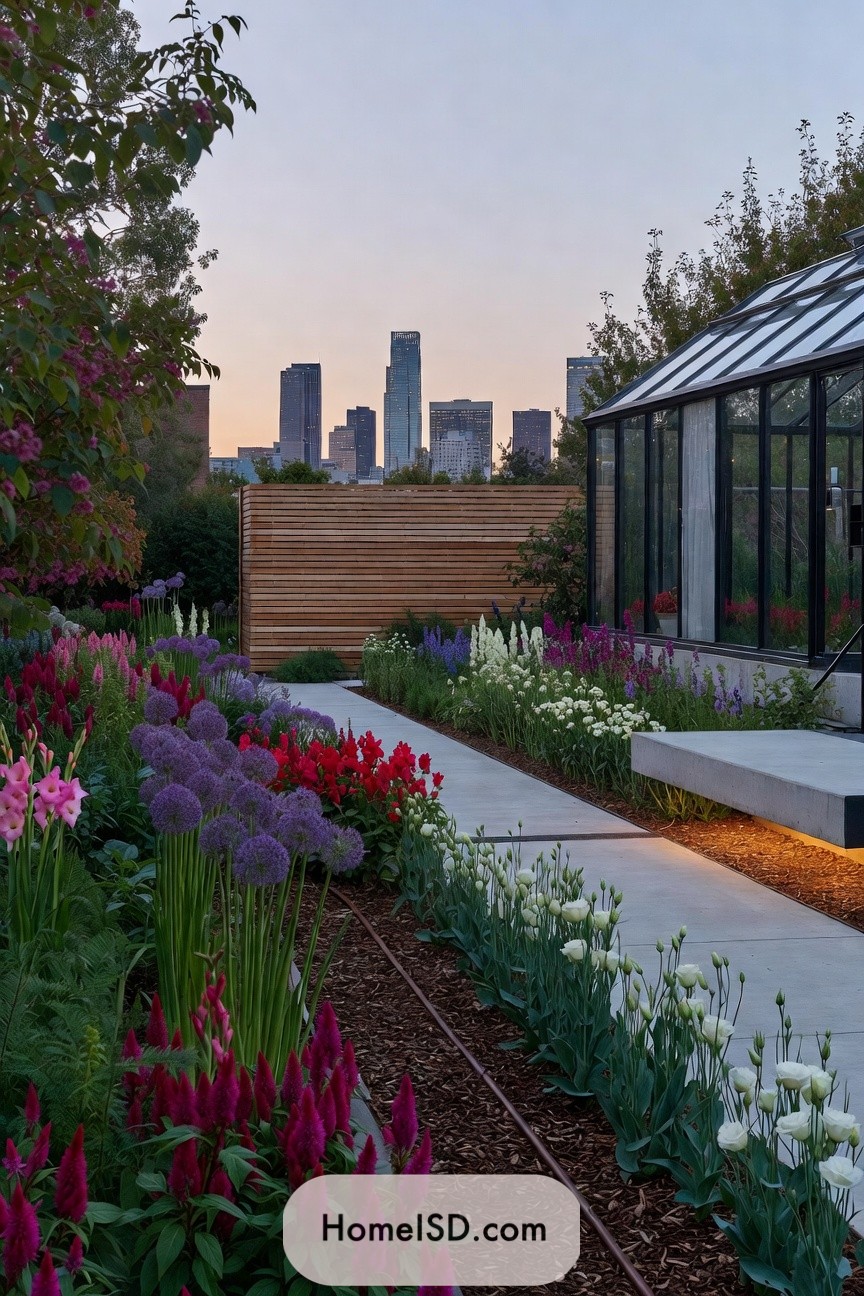 Modern flower beds flank a concrete path beside a glass greenhouse, with a wooden screen and tall city skyline in the distance