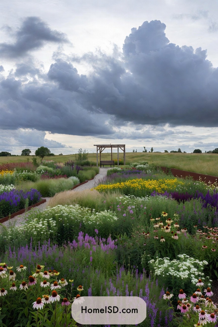 Colorful prairie-style flower garden with gravel path leading to a wooden pergola and bench under a dramatic cloudy sky