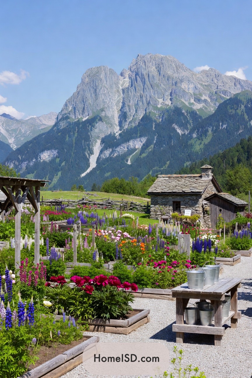 Rustic raised-bed flower garden below mountains