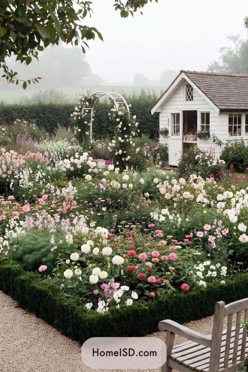 Romantic cottage garden packed with flowers