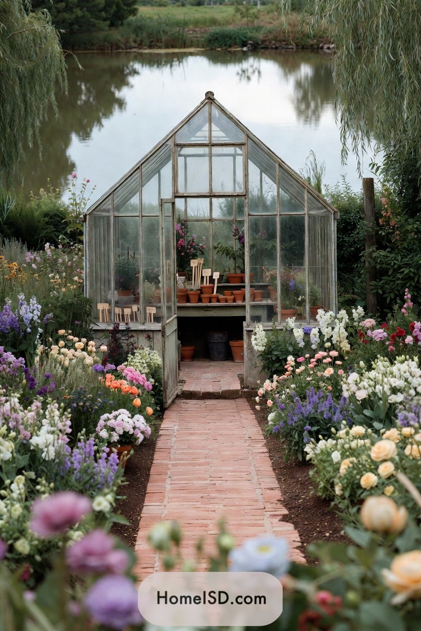 Glass greenhouse at the end of a brick path, surrounded by dense flower beds beside a calm lake
