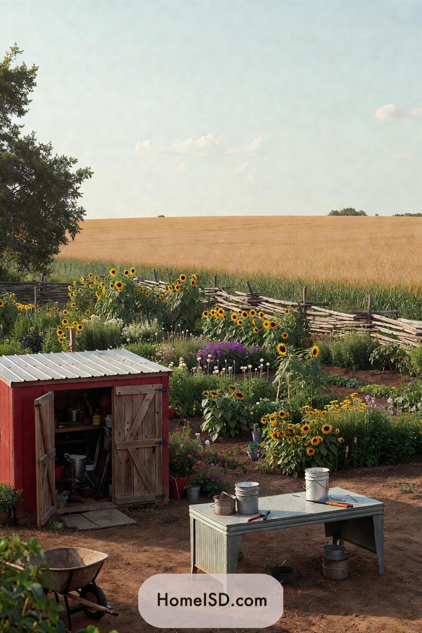 Rustic backyard flower garden with sunflowers a red shed and worktable