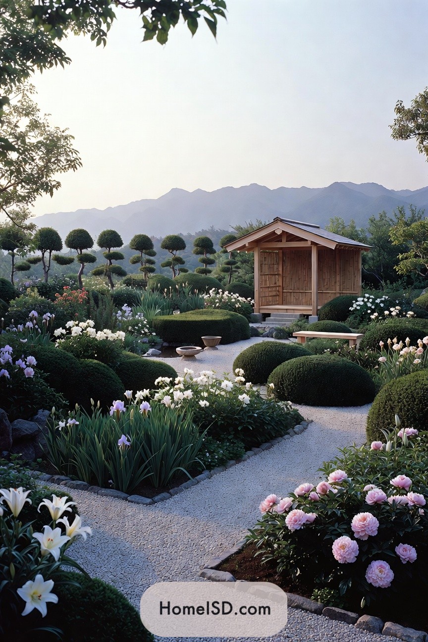 Zen-style flower garden with bamboo pavilion and sculpted shrubs