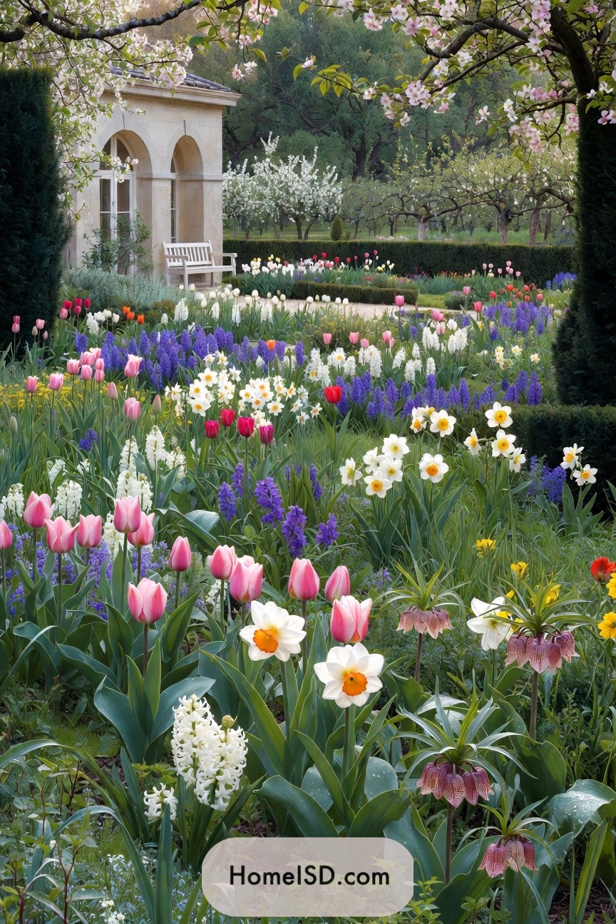 Colorful spring flower beds beside a small stone garden pavilion
