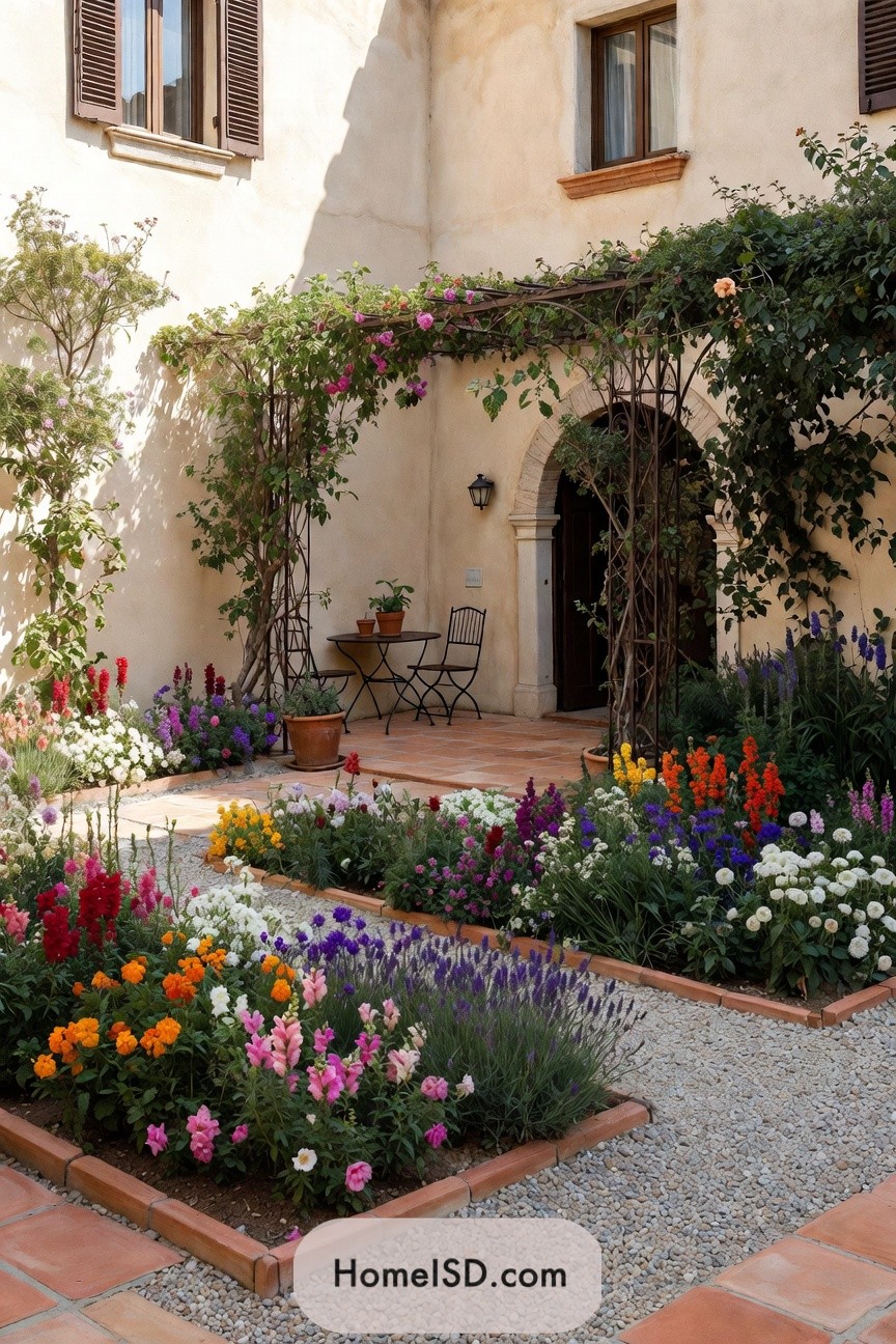 Colorful flower beds in Mediterranean courtyard