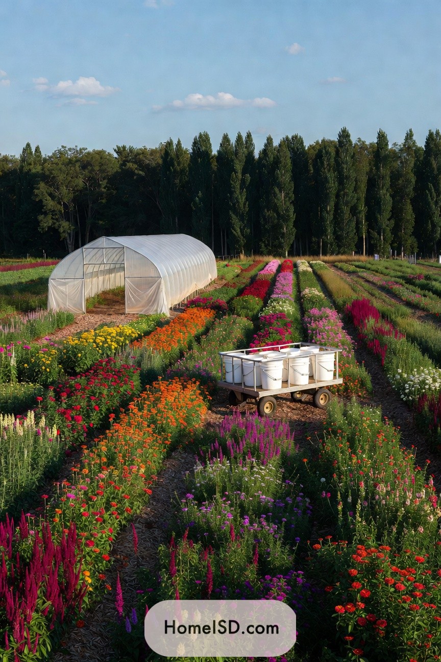 Colorful flower farm rows with greenhouse